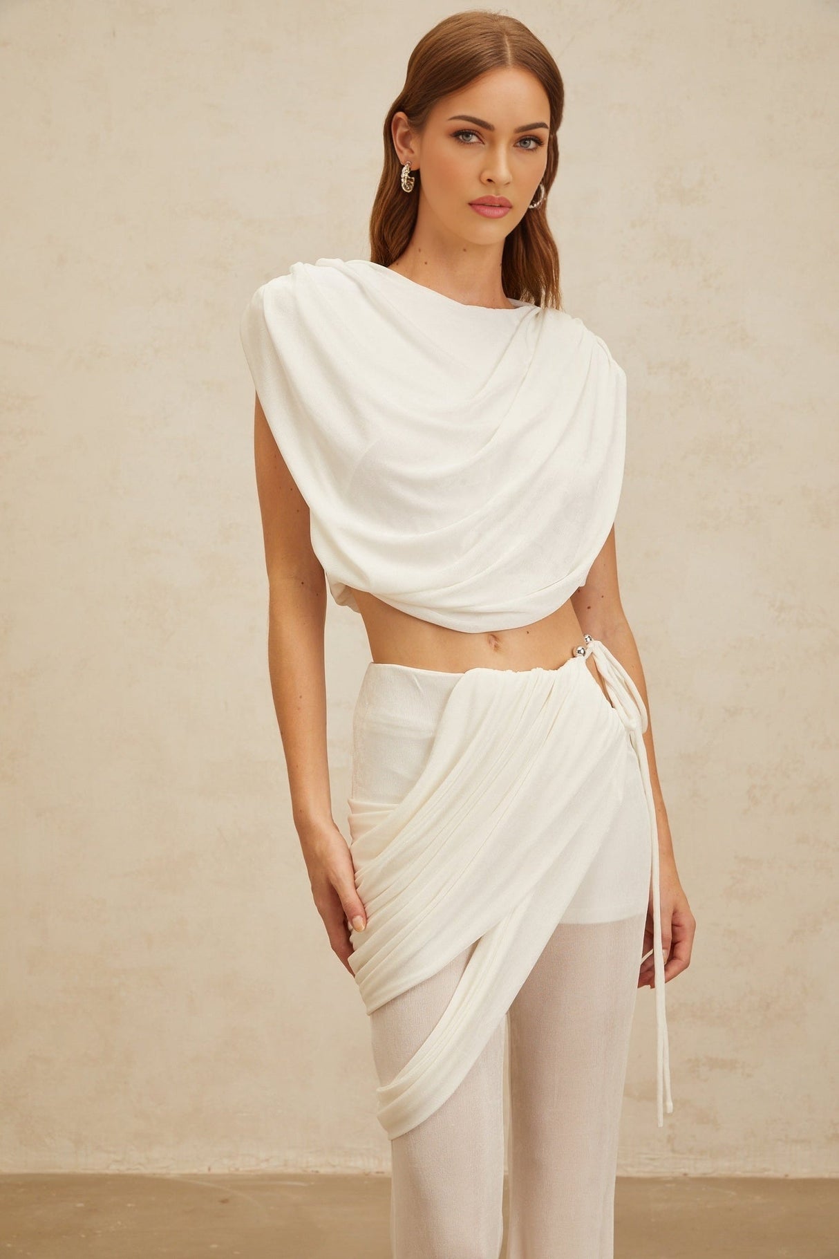 Antonietta Top & Trousers Set - Bateau Neck - Ruched Detailing - Asymmetrical Design - Flared Hem - Self - Tie Fastening