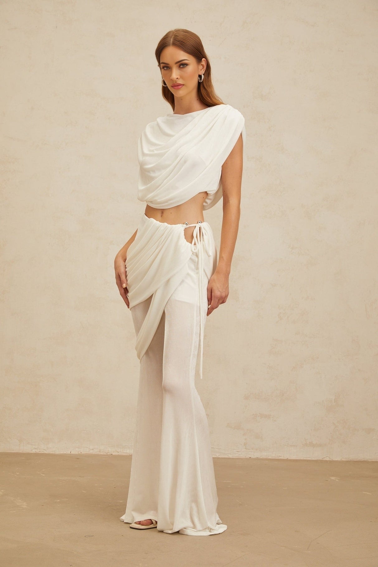 Antonietta Top & Trousers Set - Bateau Neck - Ruched Detailing - Asymmetrical Design - Flared Hem - Self - Tie Fastening
