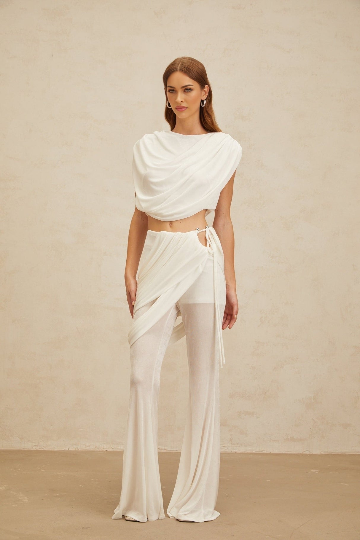 Antonietta Top & Trousers Set - Bateau Neck - Ruched Detailing - Asymmetrical Design - Flared Hem - Self - Tie Fastening