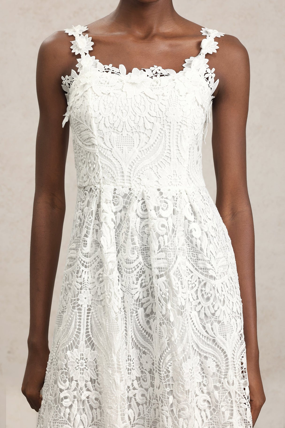Antonietta White Lace Halter Neckline Floral Embellished Mid-Length Dress for Weddings and Garden Parties