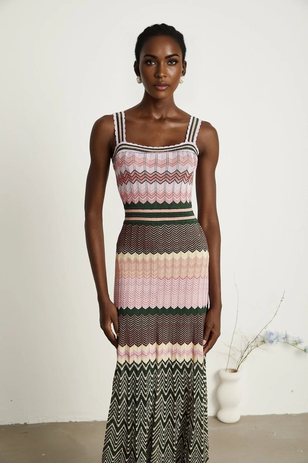 Antonina Midi Dress - Sleeveless - Scoop Neck - Wide Straps - Scalloped Edge