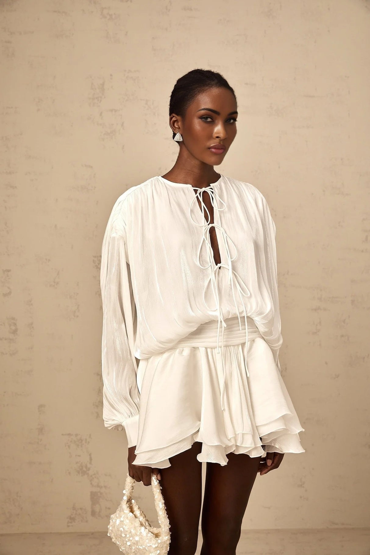 Antonina Mini Dress White Glitter Pleated Layered