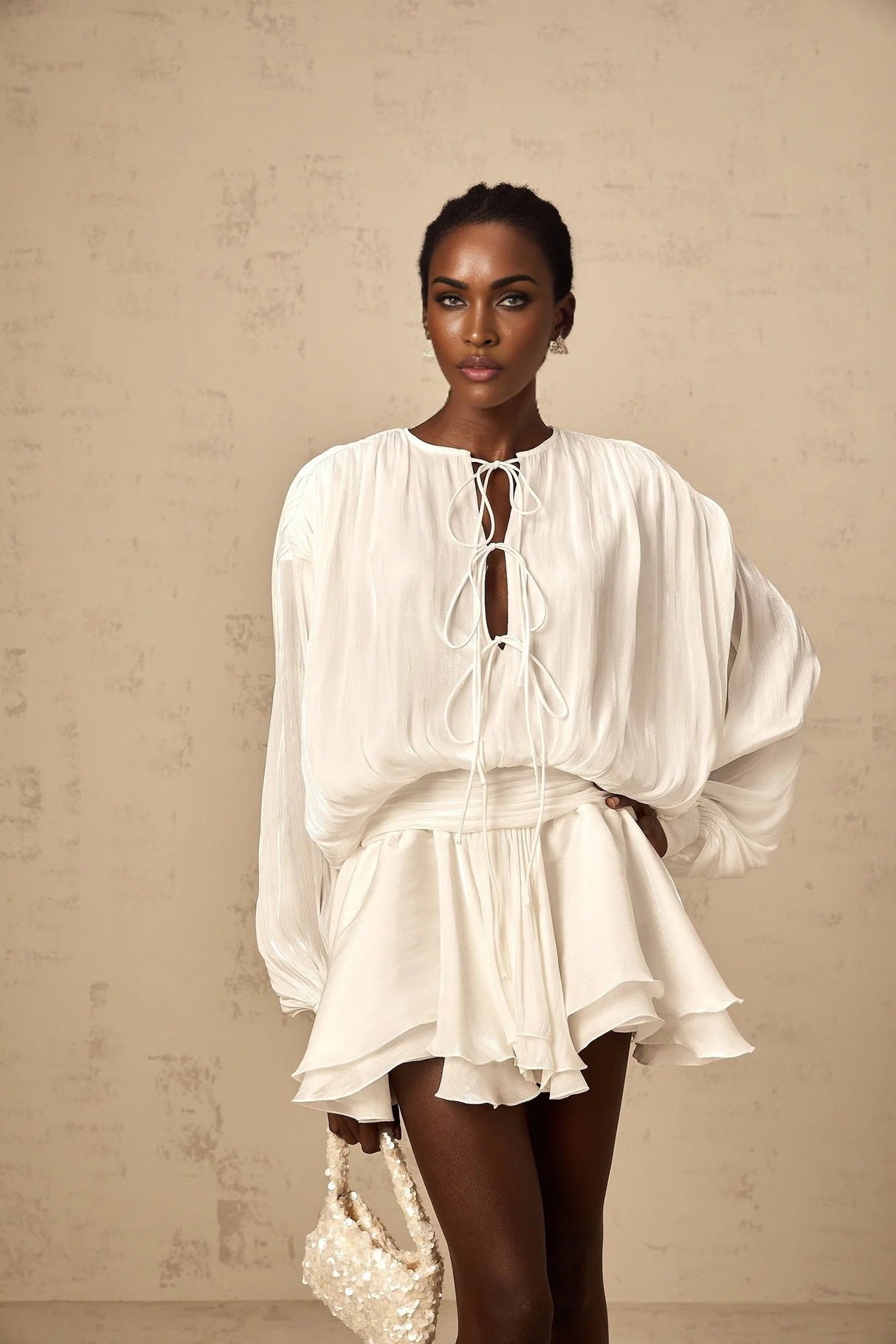 Antonina Mini Dress White Glitter Pleated Layered