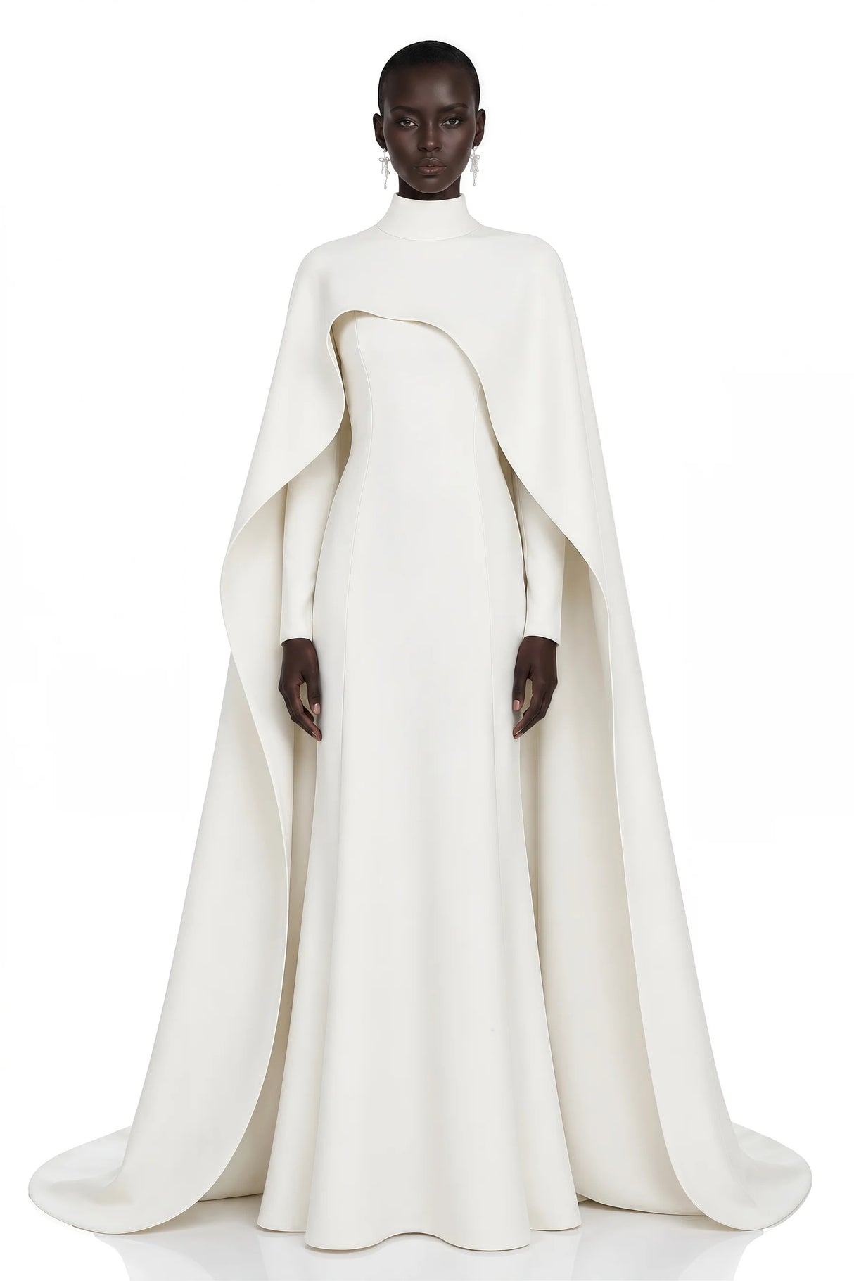 Antonina White Cape Maxi Gown with Long Sleeves