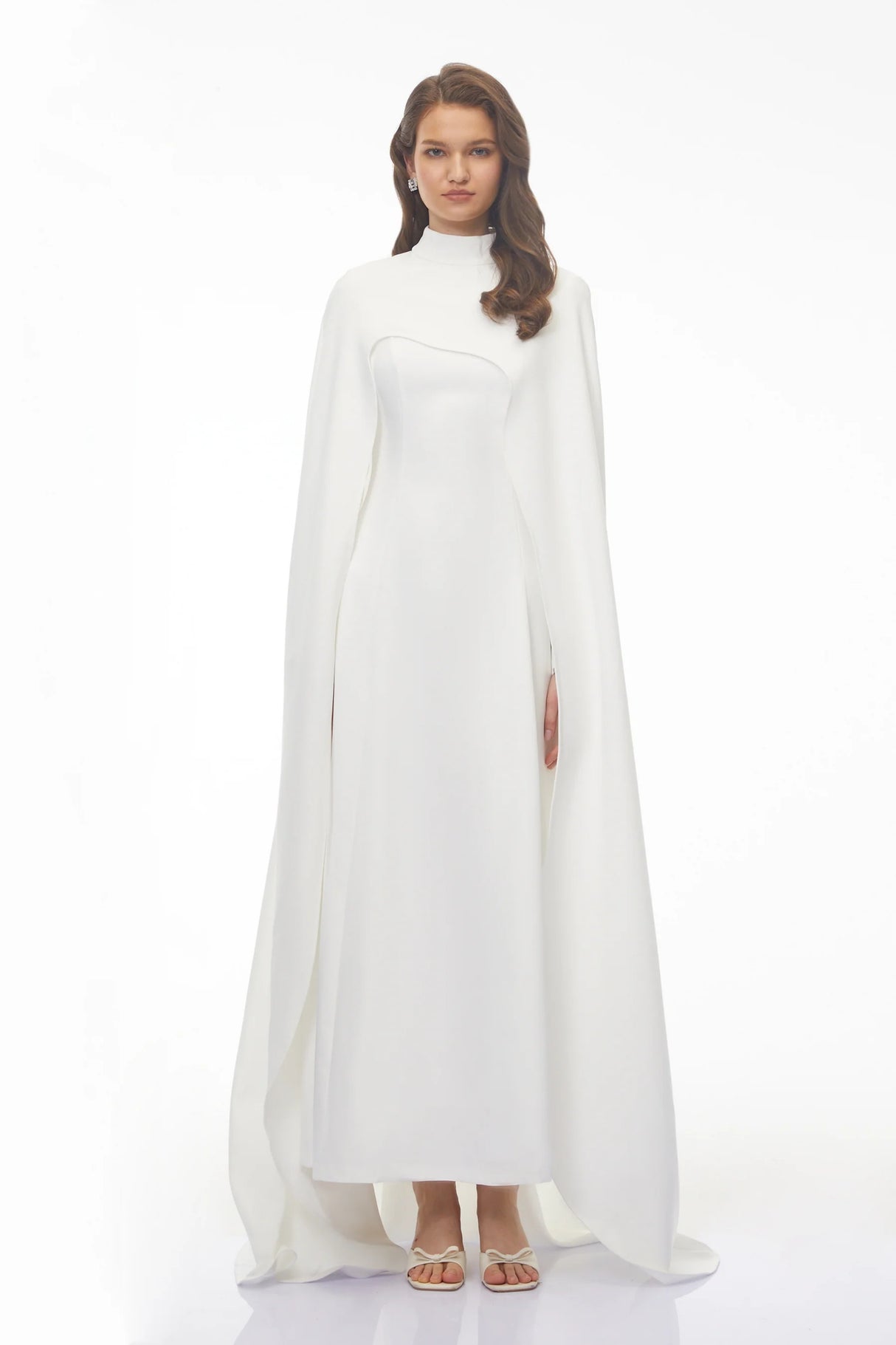 Antonina White Cape Maxi Gown with Long Sleeves