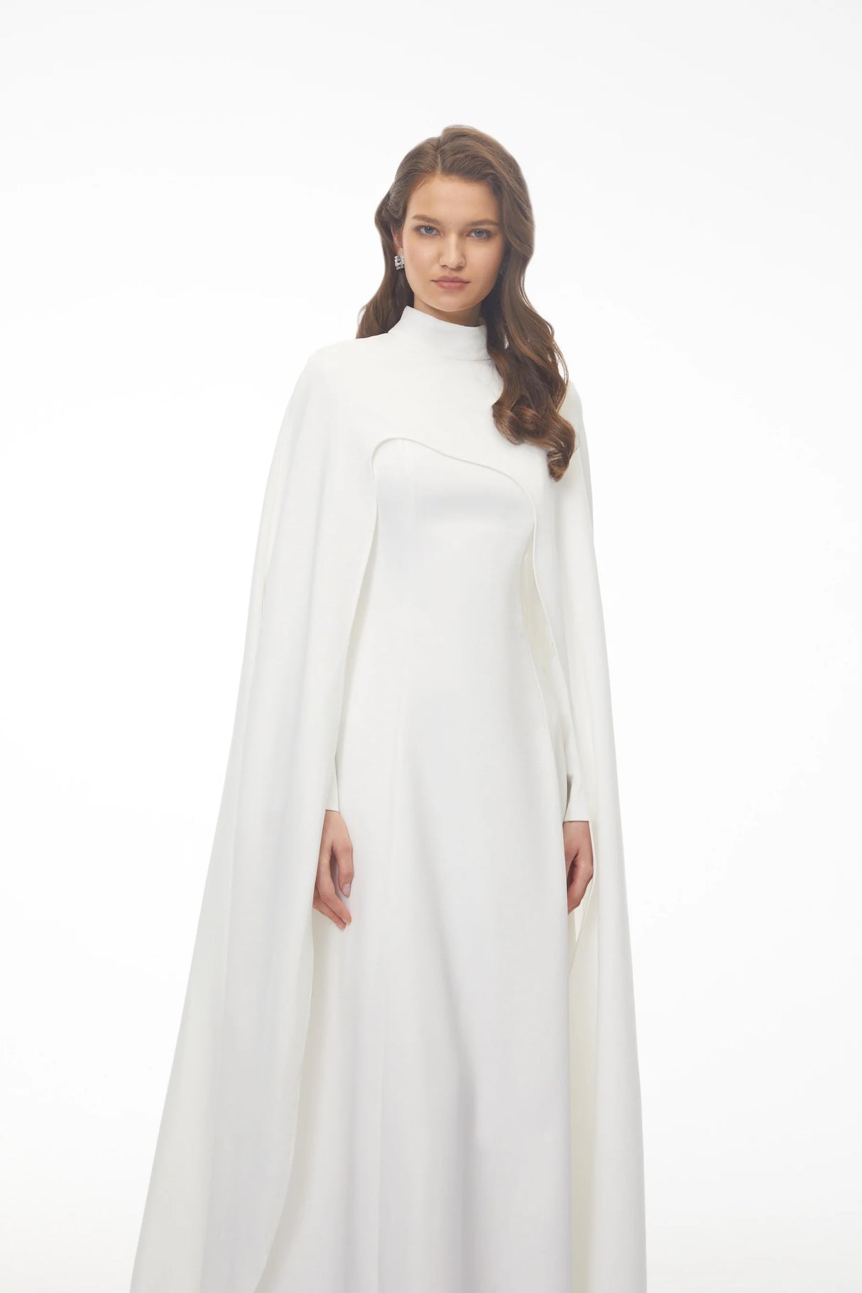 Antonina White Cape Maxi Gown with Long Sleeves