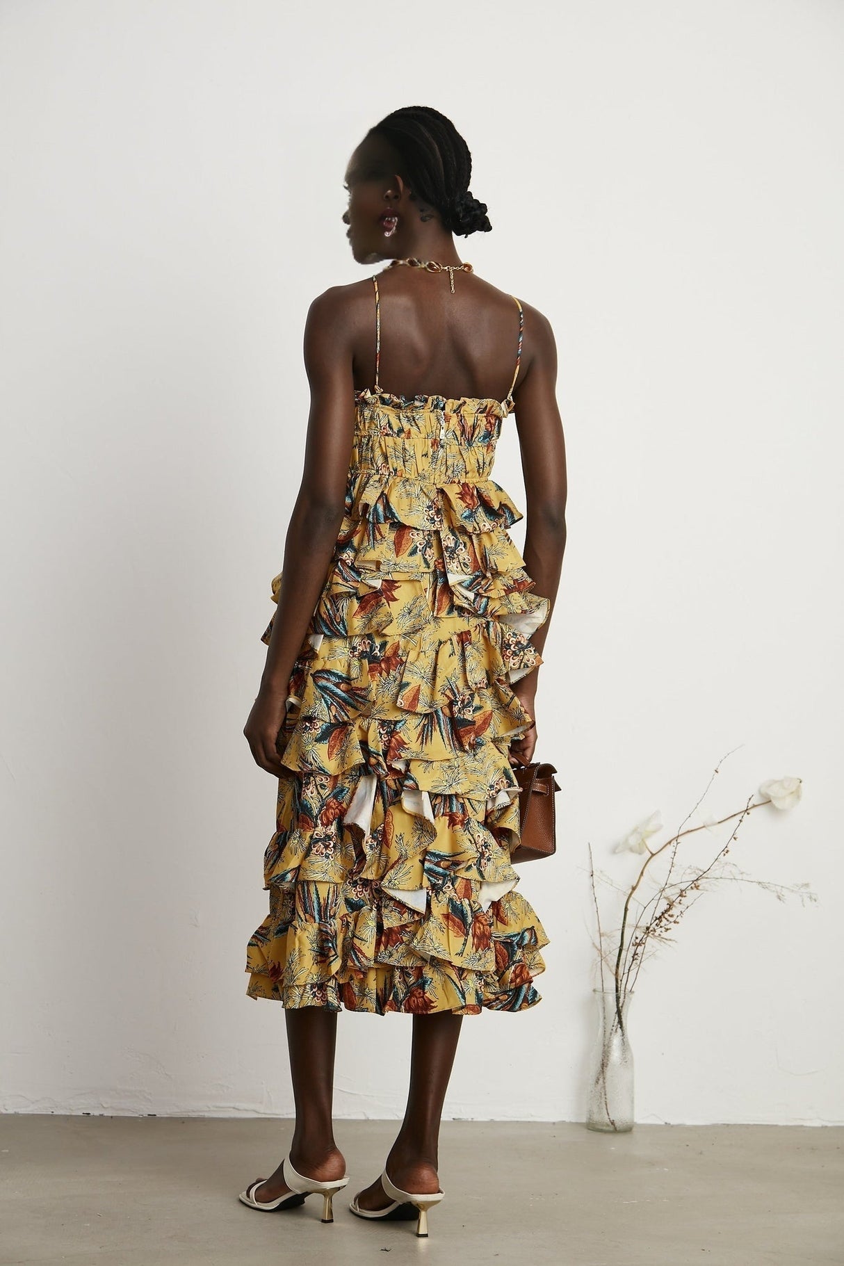 Apolline Midi Dress - Vibrant Floral Print - Ruffle Construction - Crisscross Back - Fitted Bodice - Effortless Elegance