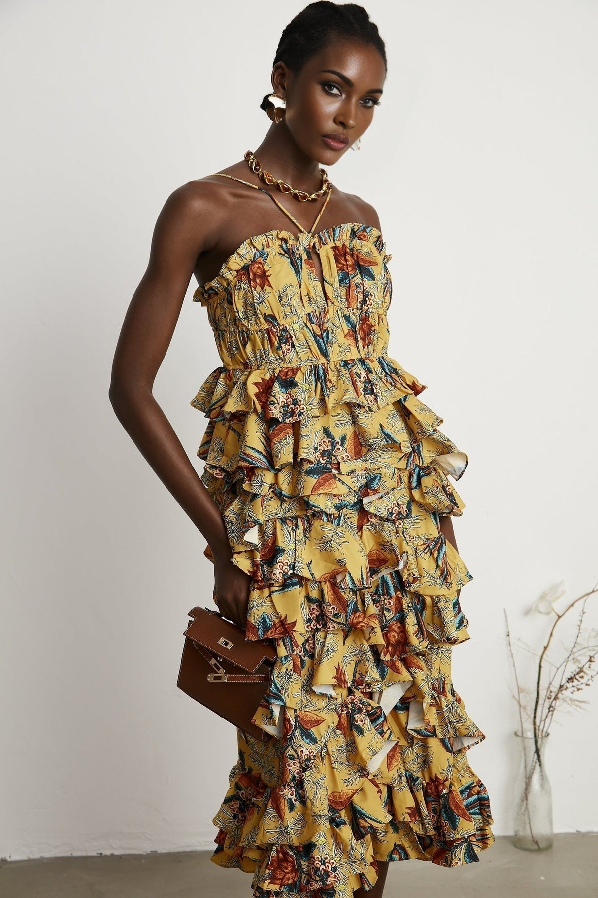 Apolline Midi Dress - Vibrant Floral Print - Ruffle Construction - Crisscross Back - Fitted Bodice - Effortless Elegance