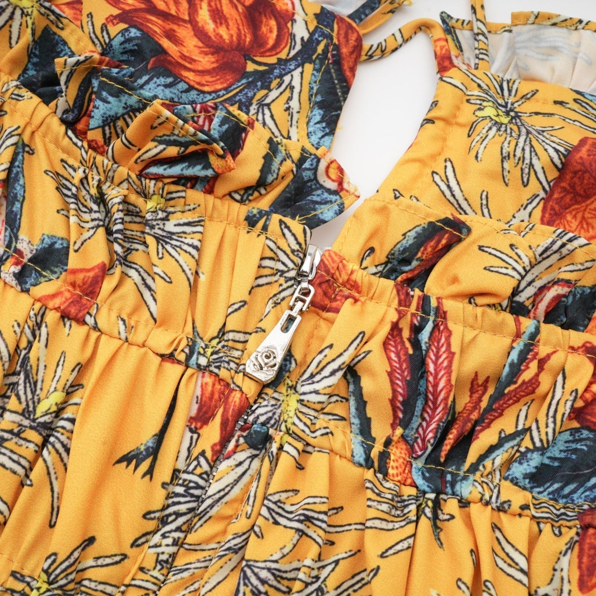 Apolline Midi Dress - Vibrant Floral Print - Ruffle Construction - Crisscross Back - Fitted Bodice - Effortless Elegance