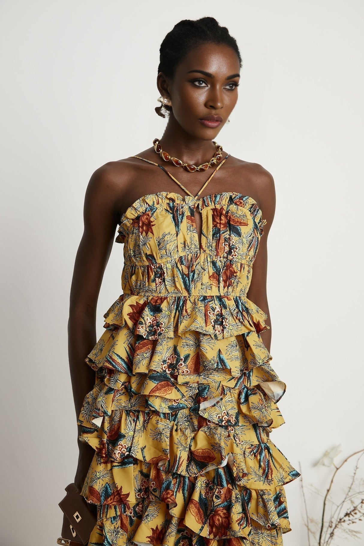 Apolline Midi Dress - Vibrant Floral Print - Ruffle Construction - Crisscross Back - Fitted Bodice - Effortless Elegance