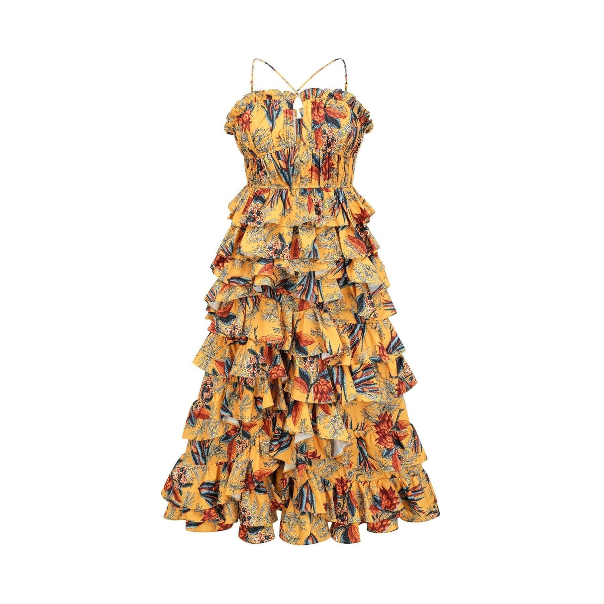 Apolline Midi Dress - Vibrant Floral Print - Ruffle Construction - Crisscross Back - Fitted Bodice - Effortless Elegance