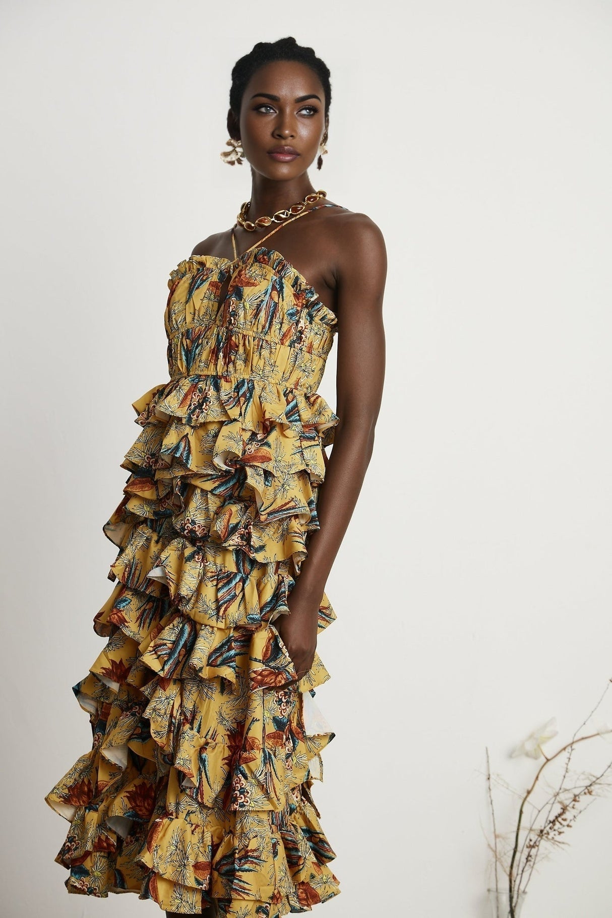 Apolline Midi Dress - Vibrant Floral Print - Ruffle Construction - Crisscross Back - Fitted Bodice - Effortless Elegance