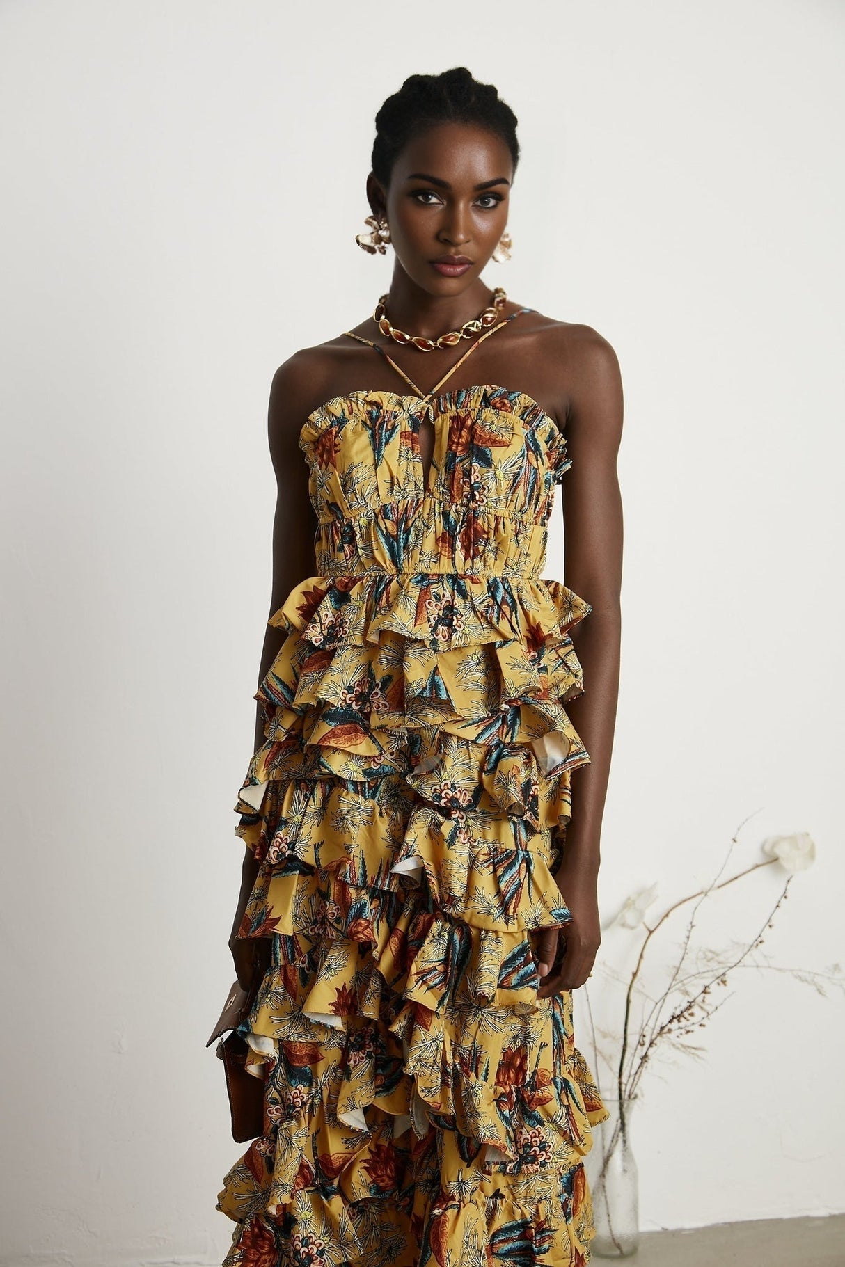 Apolline Midi Dress - Vibrant Floral Print - Ruffle Construction - Crisscross Back - Fitted Bodice - Effortless Elegance