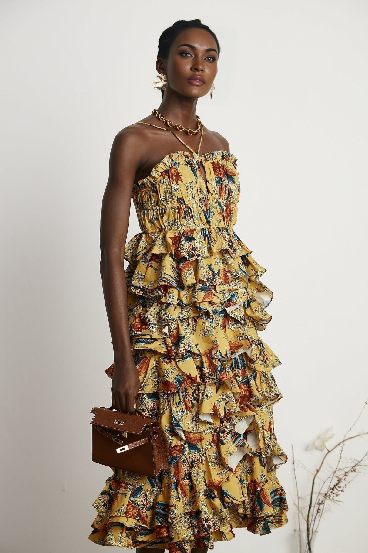 Apolline Midi Dress - Vibrant Floral Print - Ruffle Construction - Crisscross Back - Fitted Bodice - Effortless Elegance