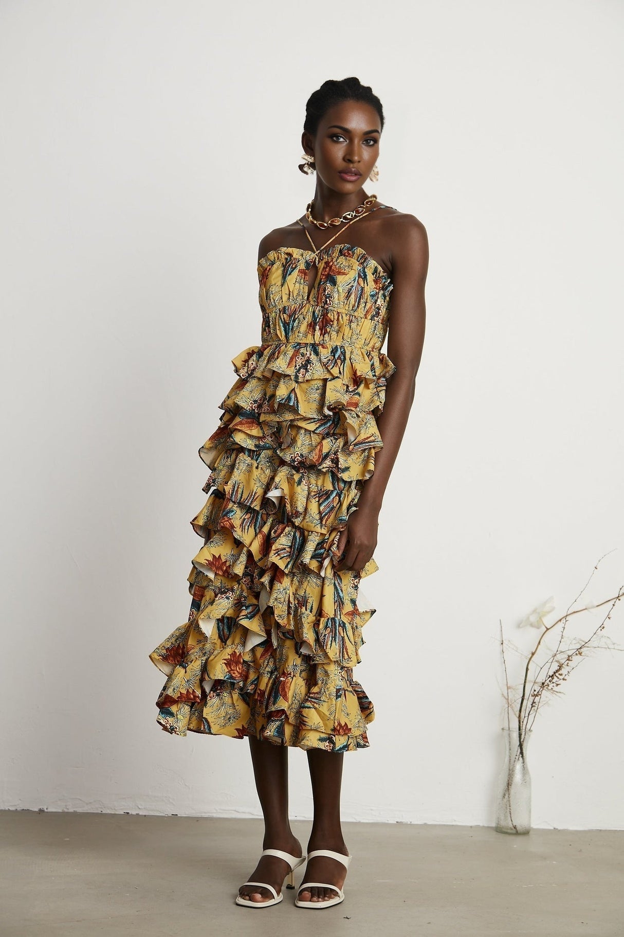 Apolline Midi Dress - Vibrant Floral Print - Ruffle Construction - Crisscross Back - Fitted Bodice - Effortless Elegance