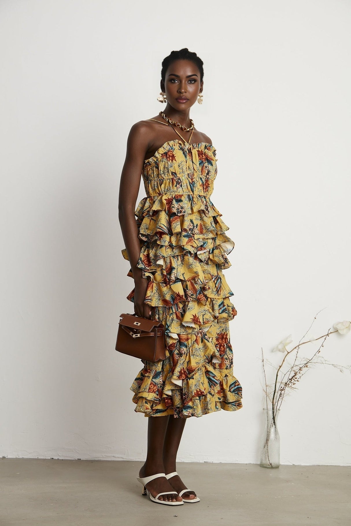 Apolline Midi Dress - Vibrant Floral Print - Ruffle Construction - Crisscross Back - Fitted Bodice - Effortless Elegance