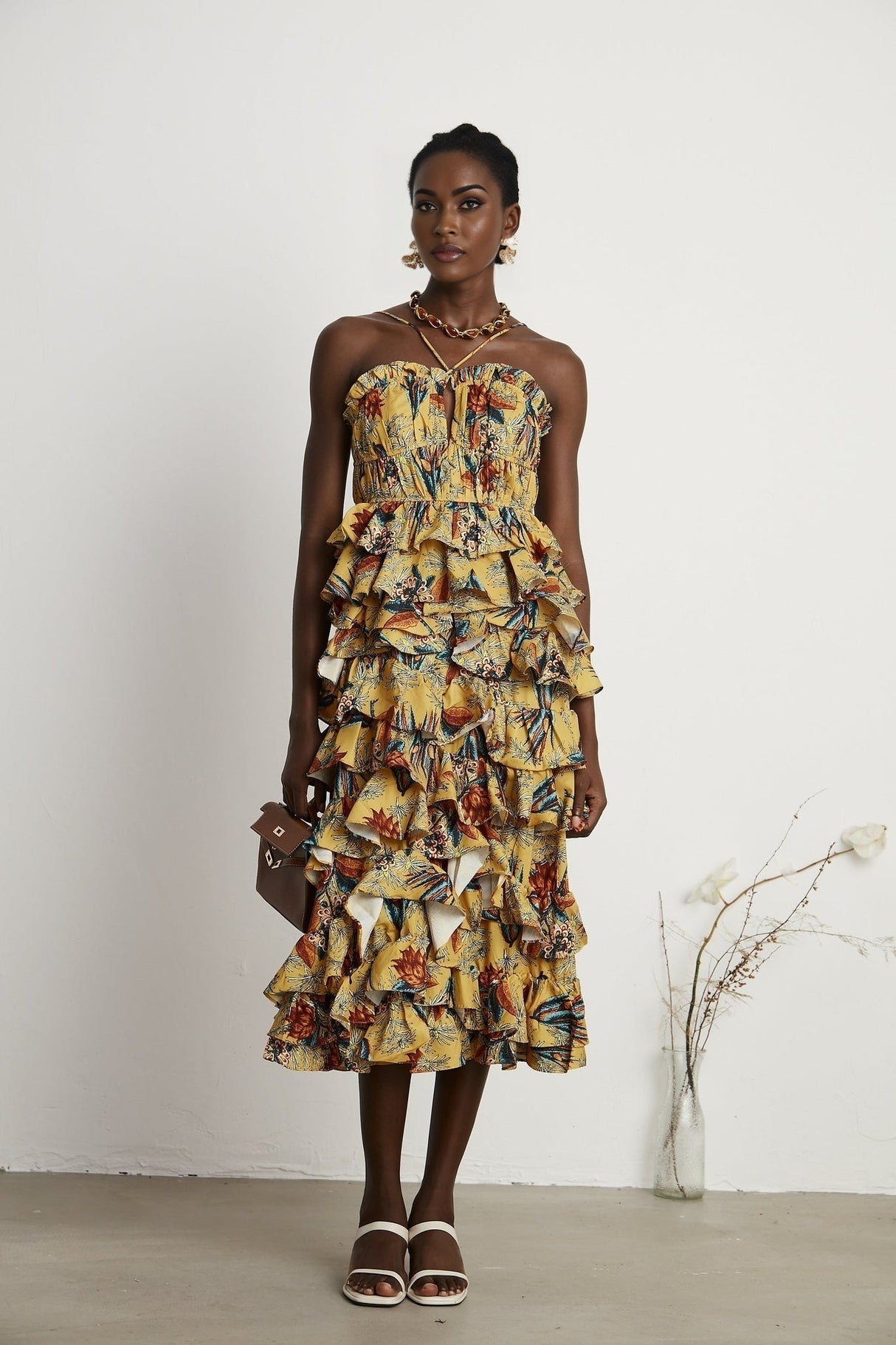 Apolline Midi Dress - Vibrant Floral Print - Ruffle Construction - Crisscross Back - Fitted Bodice - Effortless Elegance
