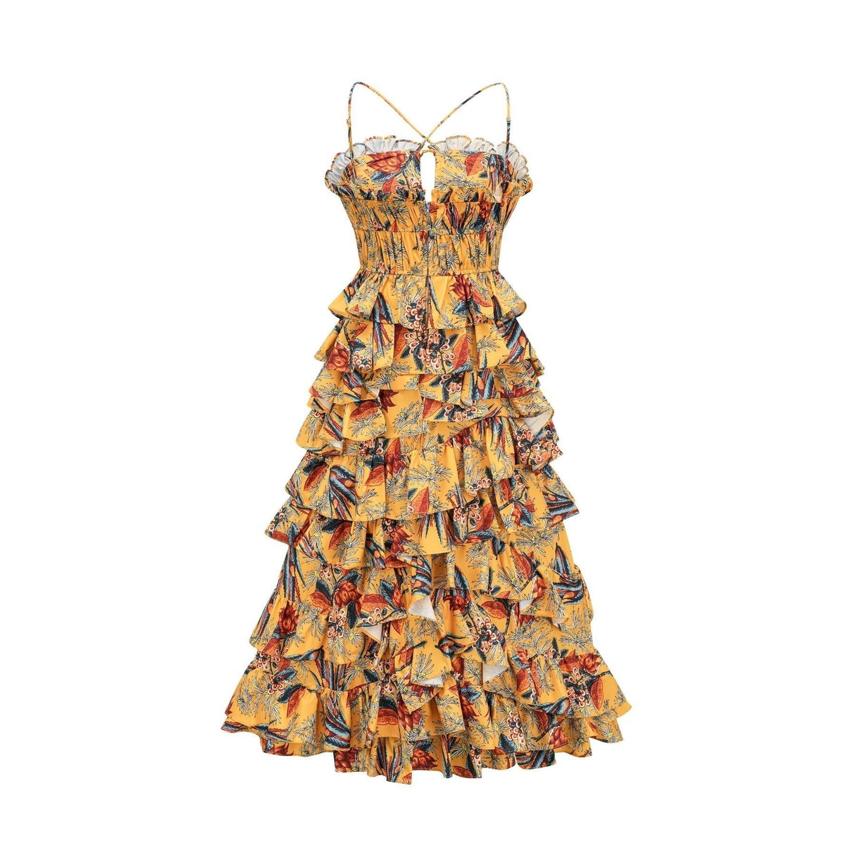 Apolline Midi Dress - Vibrant Floral Print - Ruffle Construction - Crisscross Back - Fitted Bodice - Effortless Elegance