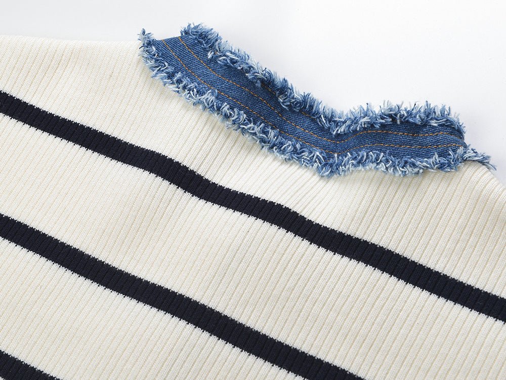April Cardigan Cropped Striped Top - Relaxed Boxy Fit with Denim Accents and Frayed Edges