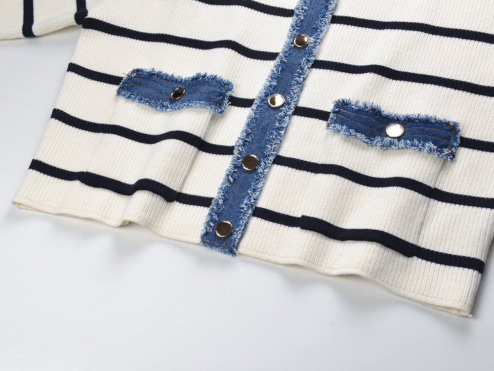 April Cardigan Cropped Striped Top - Relaxed Boxy Fit with Denim Accents and Frayed Edges