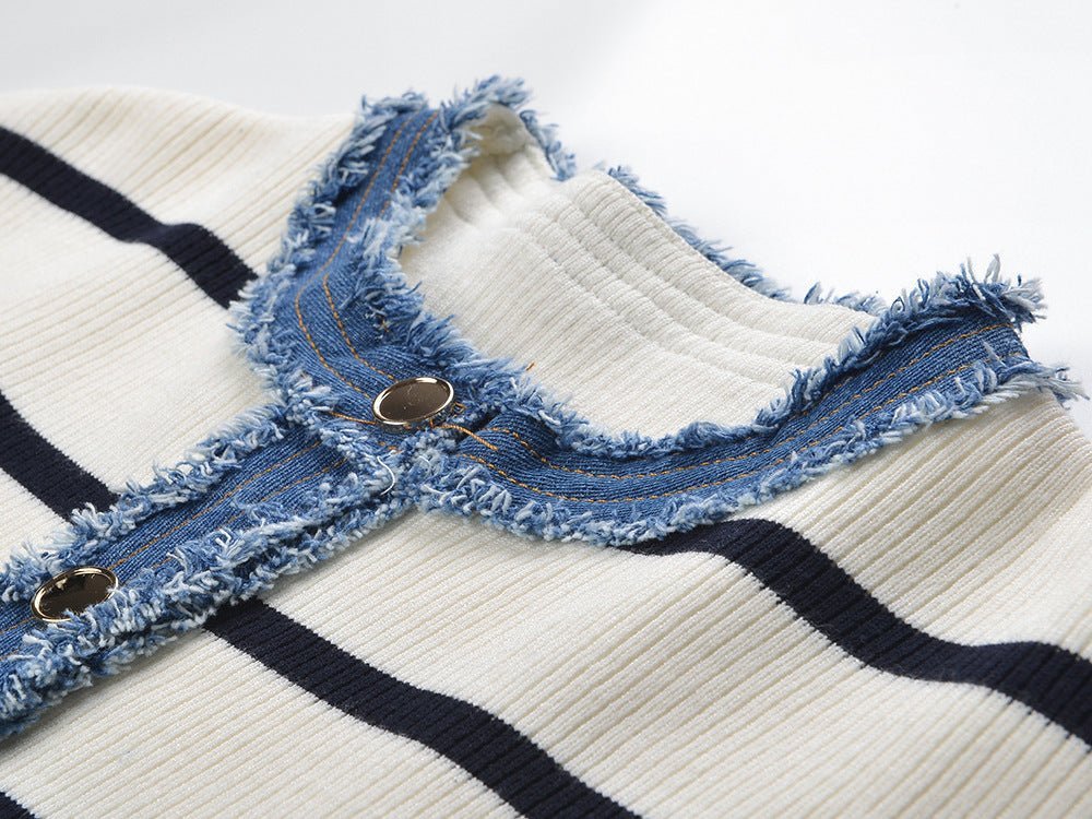 April Cardigan Cropped Striped Top - Relaxed Boxy Fit with Denim Accents and Frayed Edges