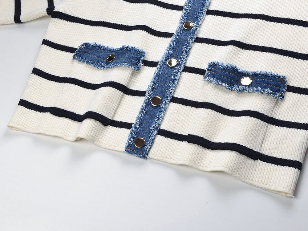 April Cardigan Cropped Striped Top - Relaxed Boxy Fit with Denim Accents and Frayed Edges