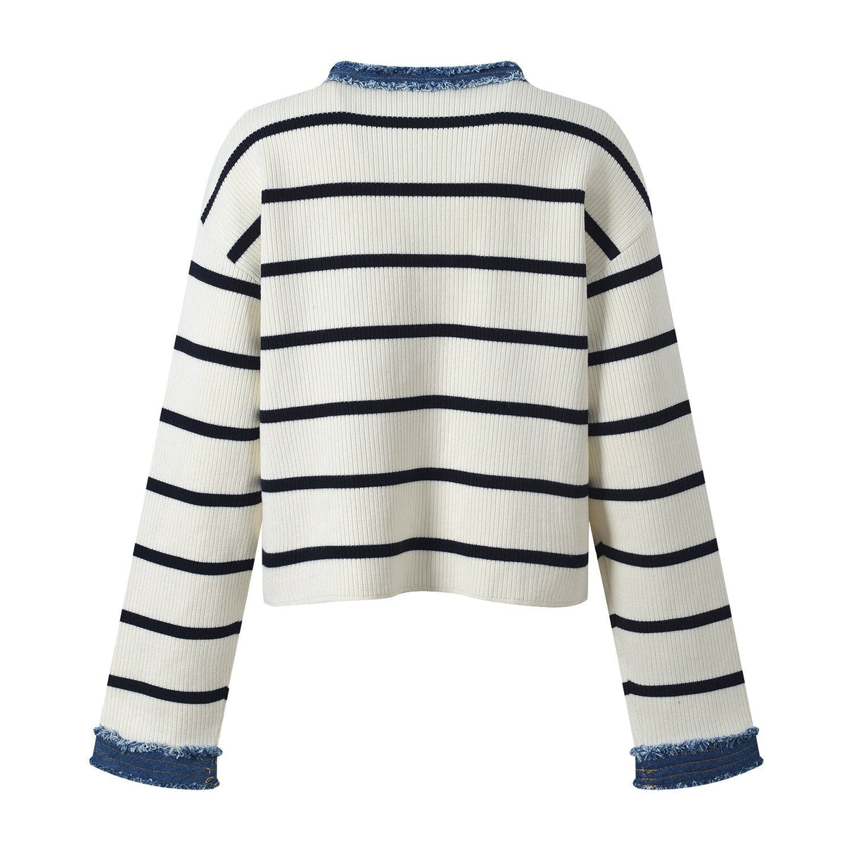 April Cardigan Cropped Striped Top - Relaxed Boxy Fit with Denim Accents and Frayed Edges