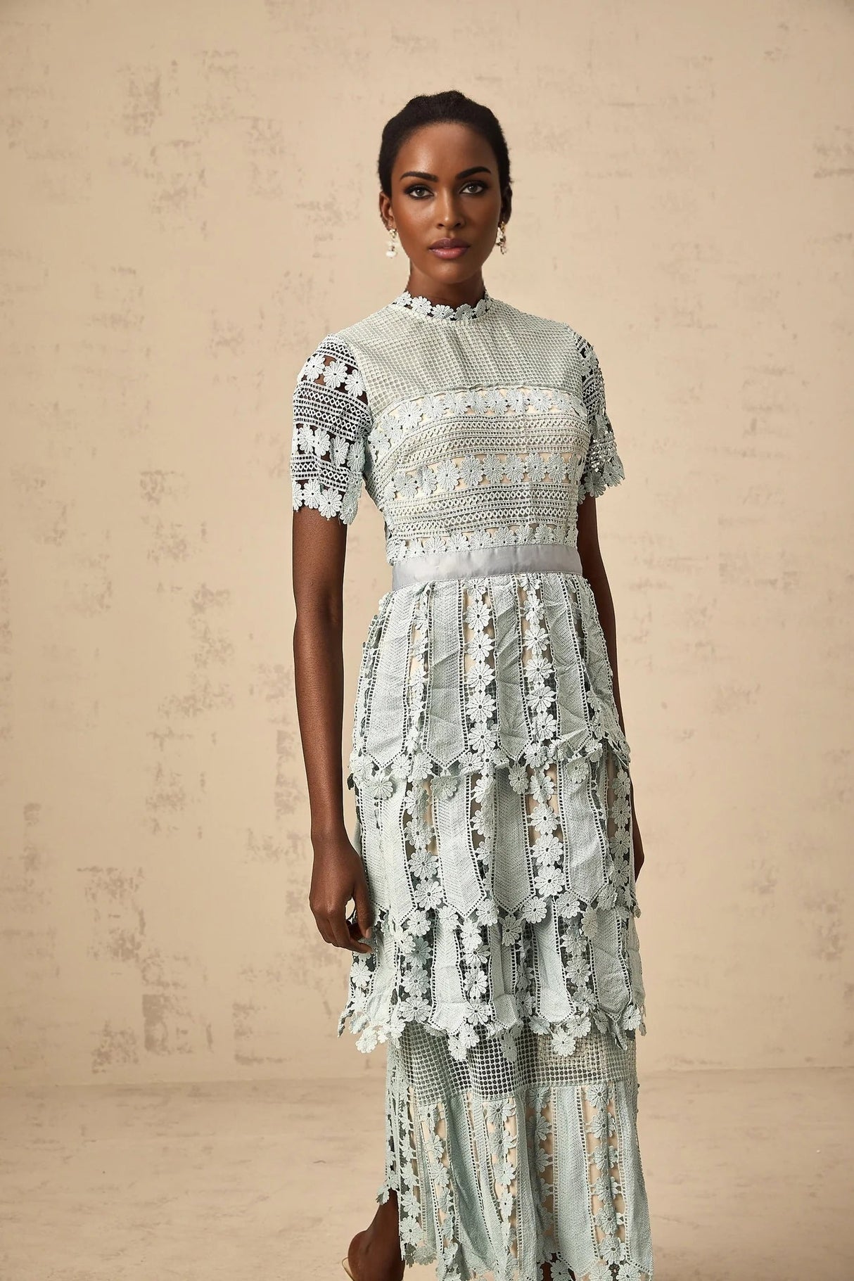 April Midi Dress Green Floral Embroidered Tiered Design & Cut - Out