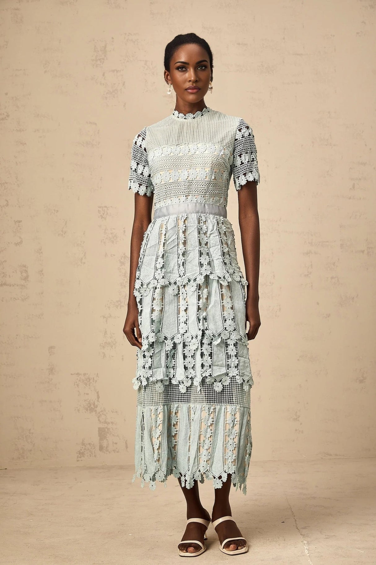 April Midi Dress Green Floral Embroidered Tiered Design & Cut - Out