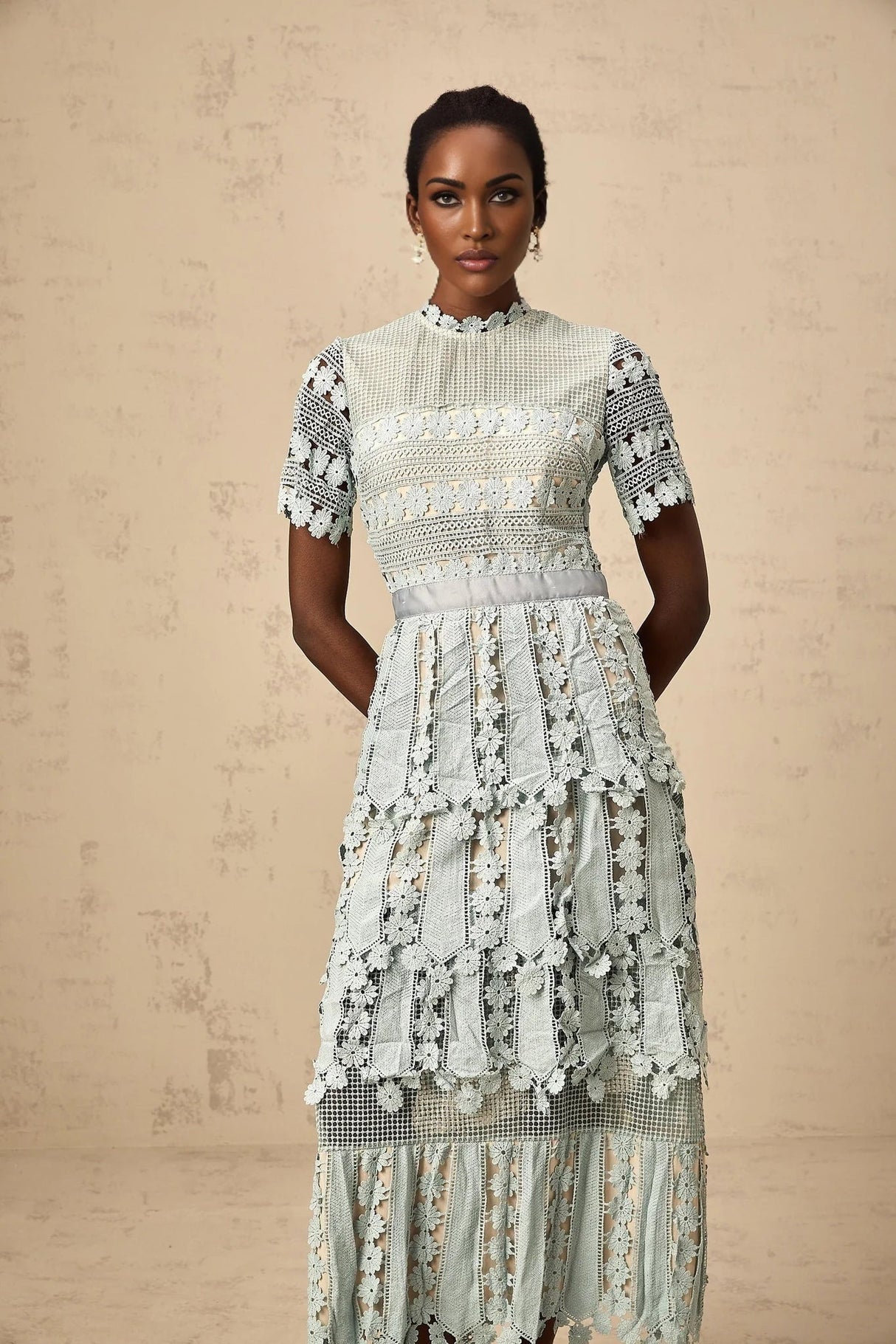 April Midi Dress Green Floral Embroidered Tiered Design & Cut - Out