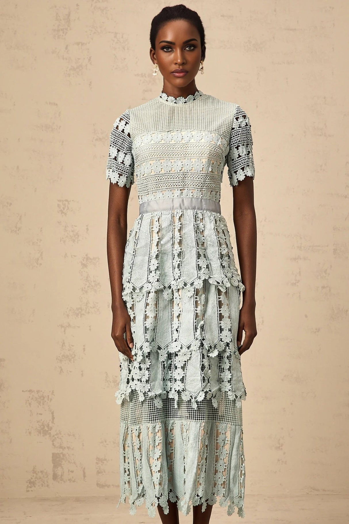 April Midi Dress Green Floral Embroidered Tiered Design & Cut - Out