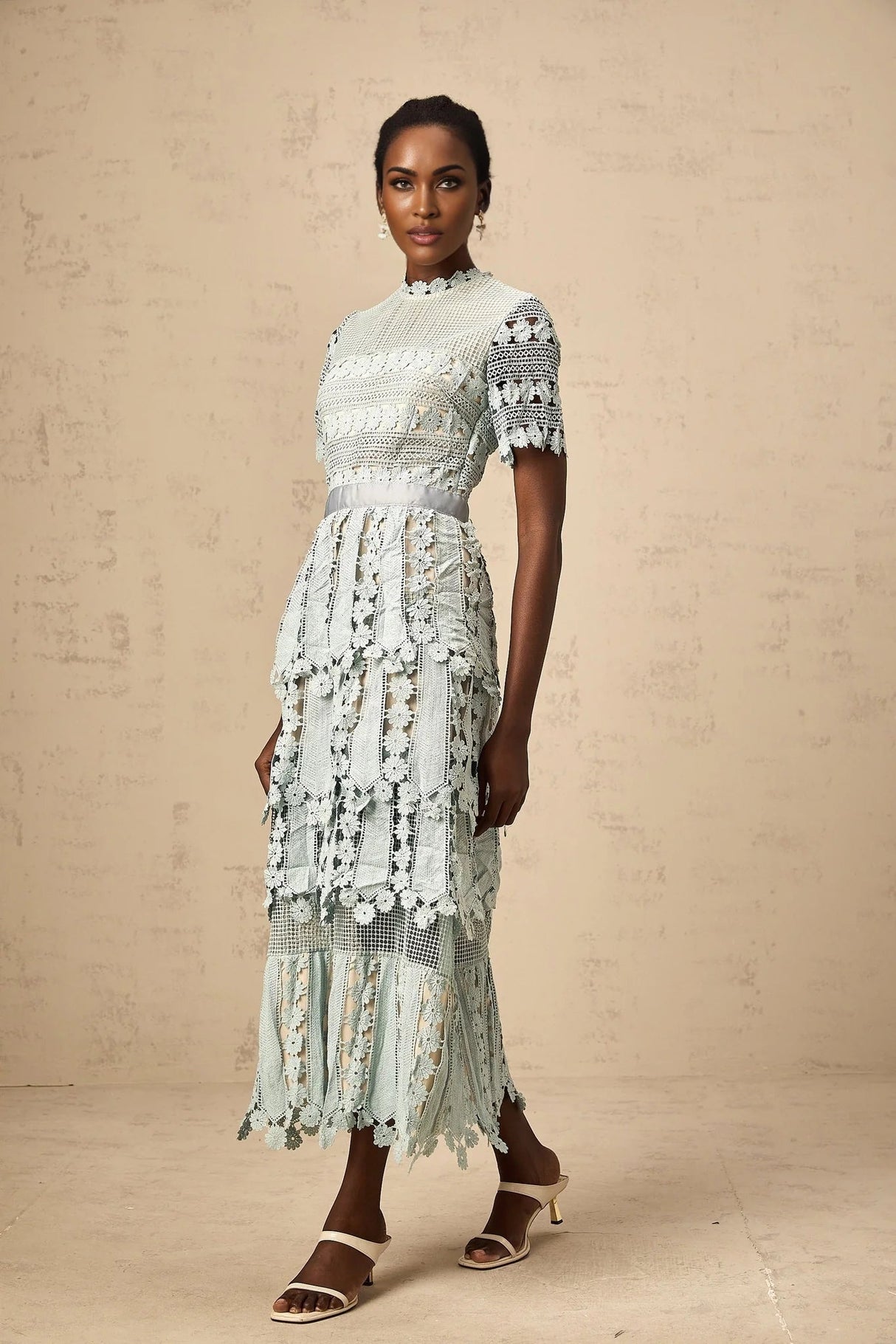 April Midi Dress Green Floral Embroidered Tiered Design & Cut - Out