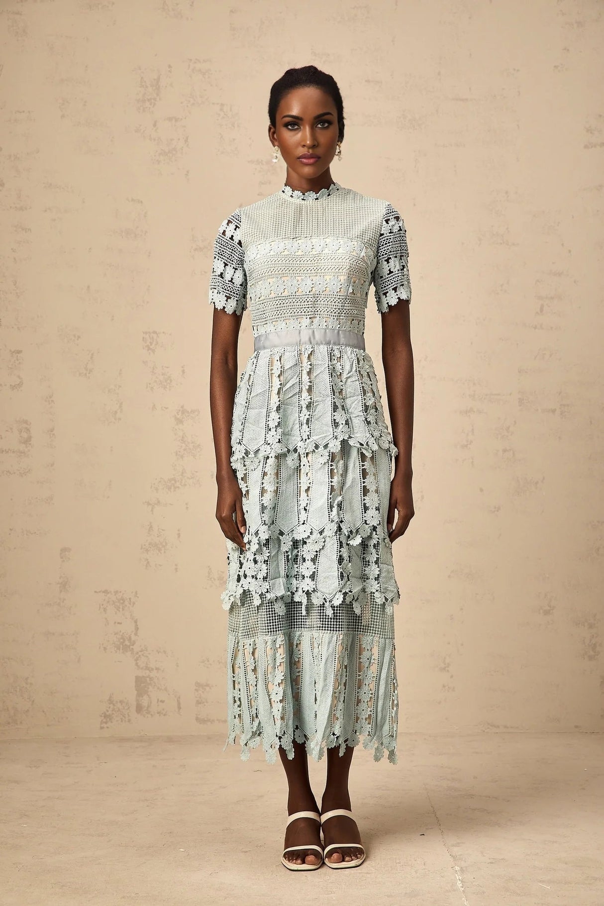 April Midi Dress Green Floral Embroidered Tiered Design & Cut - Out