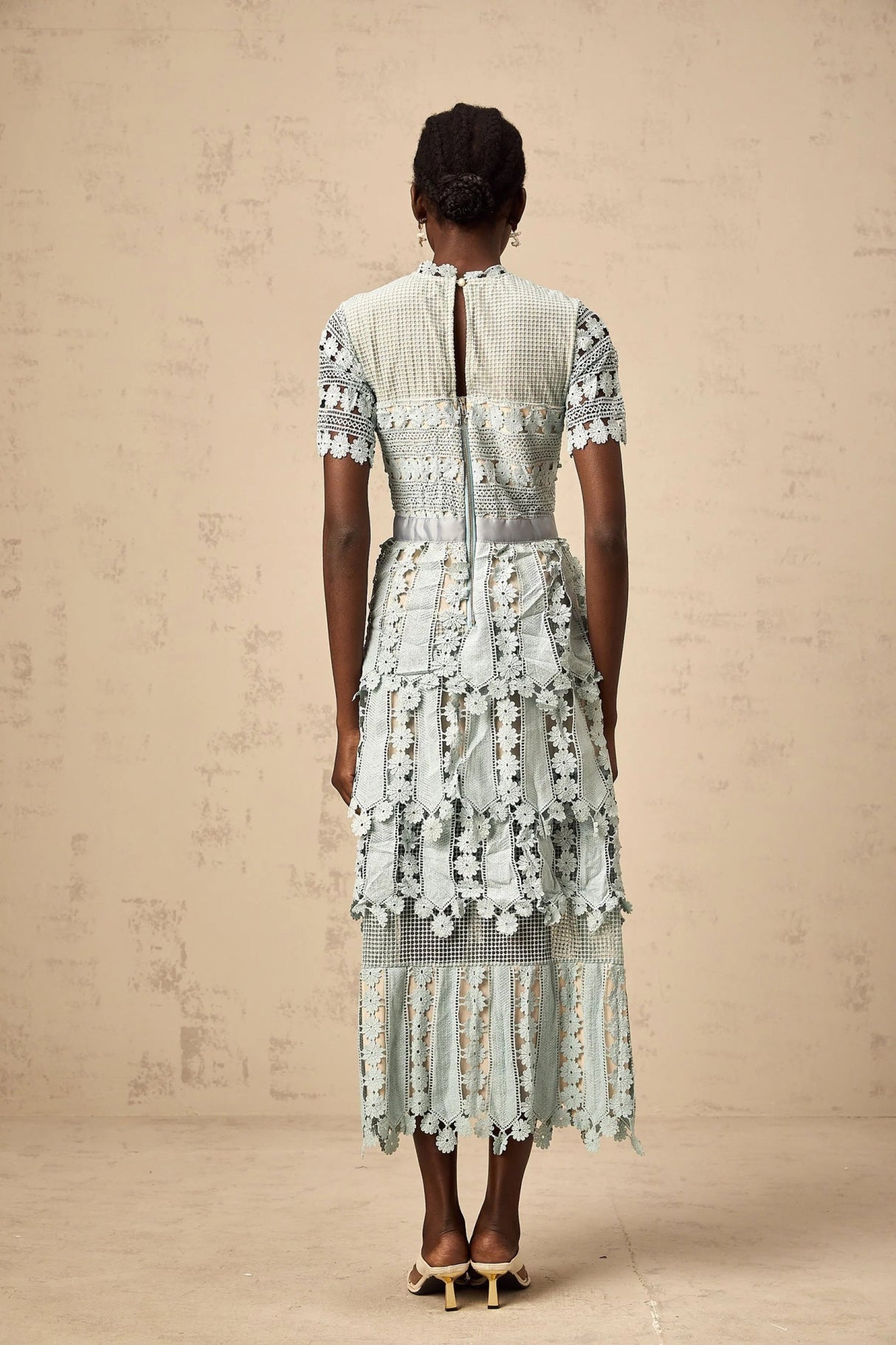 April Midi Dress Green Floral Embroidered Tiered Design & Cut - Out