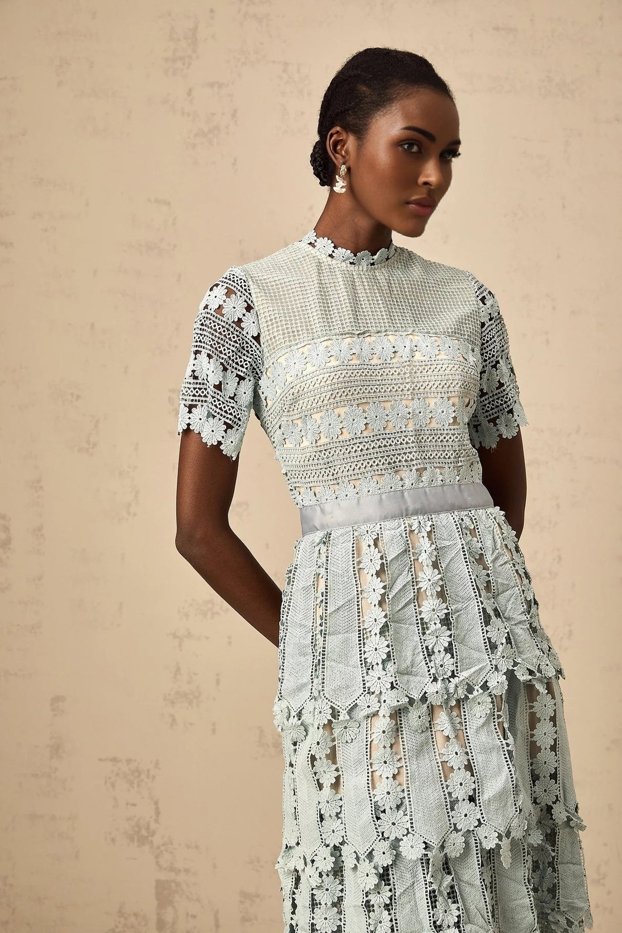 April Midi Dress Green Floral Embroidered Tiered Design & Cut - Out