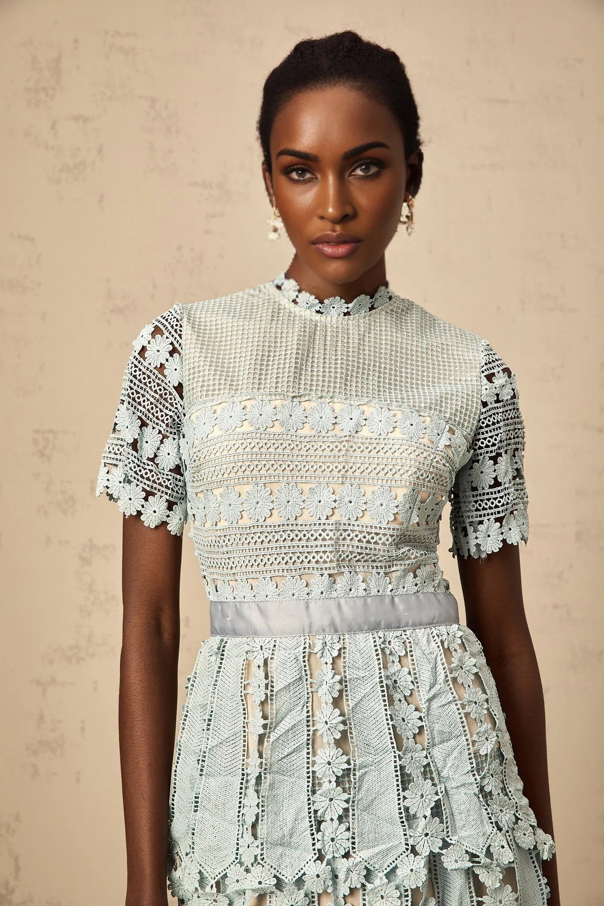 April Midi Dress Green Floral Embroidered Tiered Design & Cut - Out