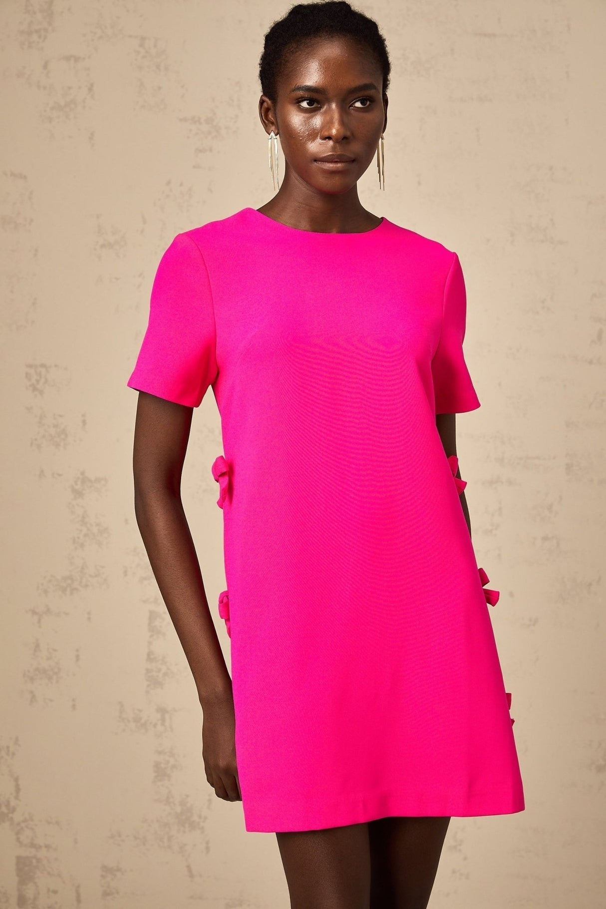 April Mini Dress - Round Neck - Short Sleeves - Bowknot Detailing - Rear Zip Fastening