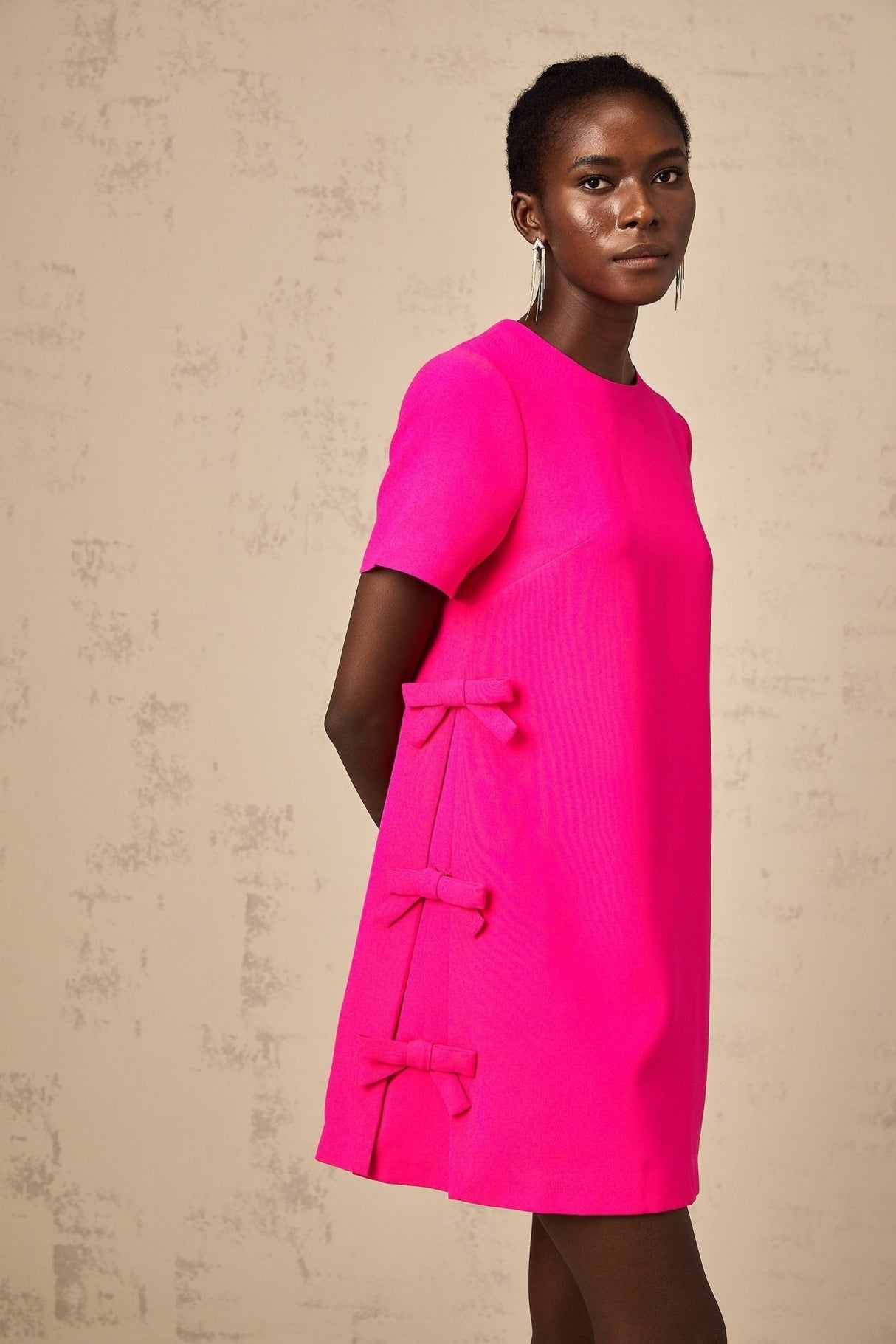 April Mini Dress - Round Neck - Short Sleeves - Bowknot Detailing - Rear Zip Fastening