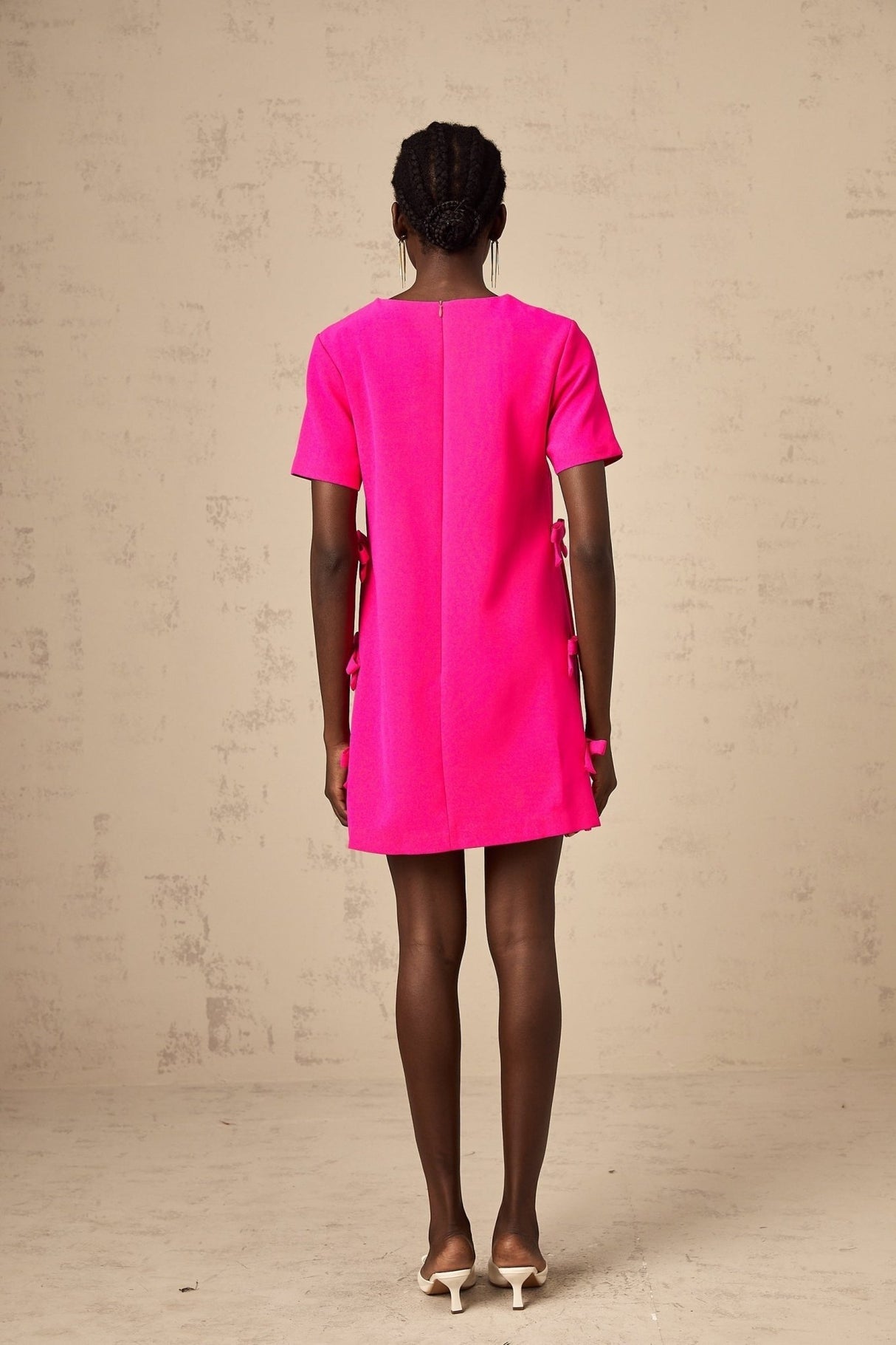 April Mini Dress - Round Neck - Short Sleeves - Bowknot Detailing - Rear Zip Fastening