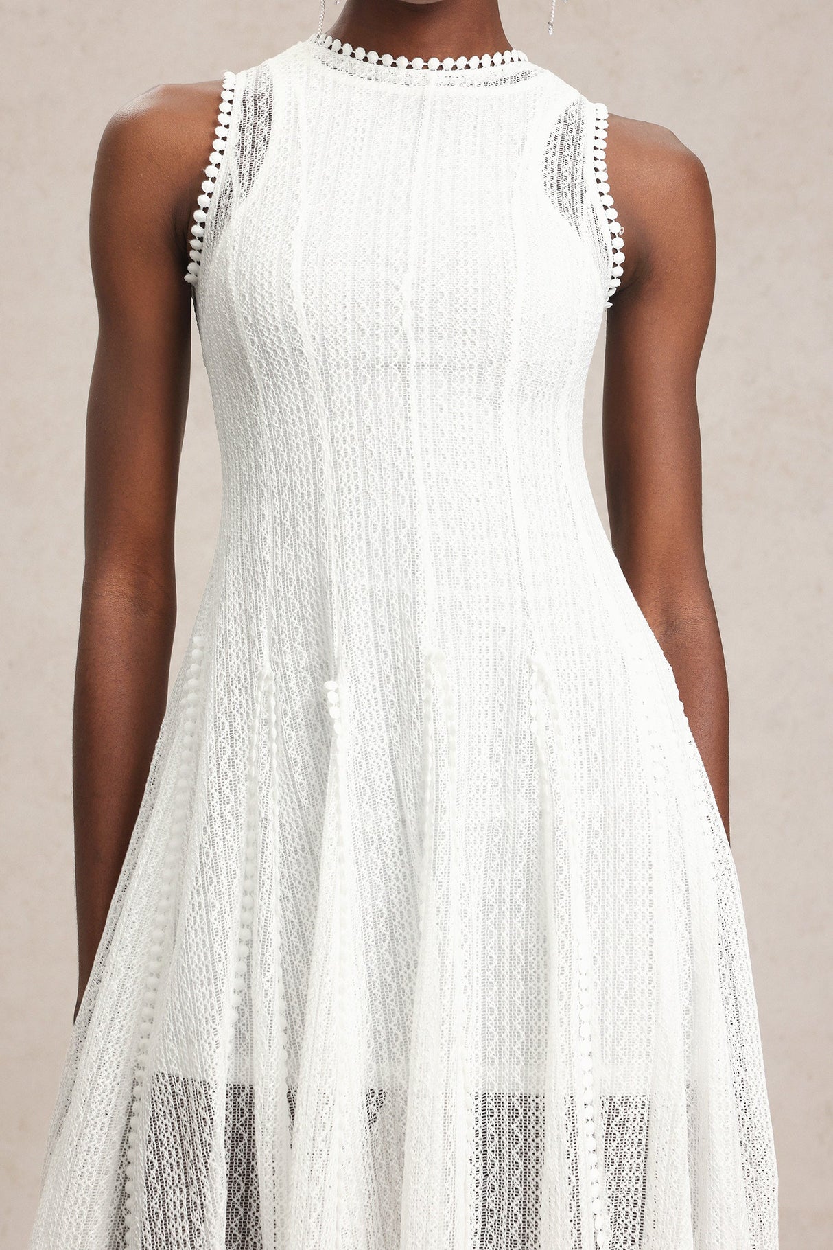 April White Lace Sleeveless Dress with Round Neckline and Sheer Overlay