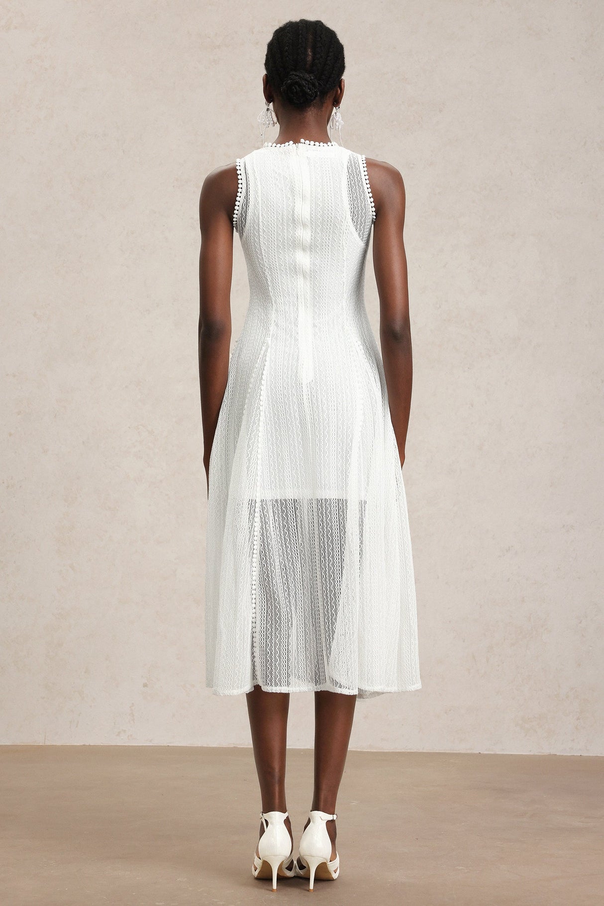 April White Lace Sleeveless Dress with Round Neckline and Sheer Overlay