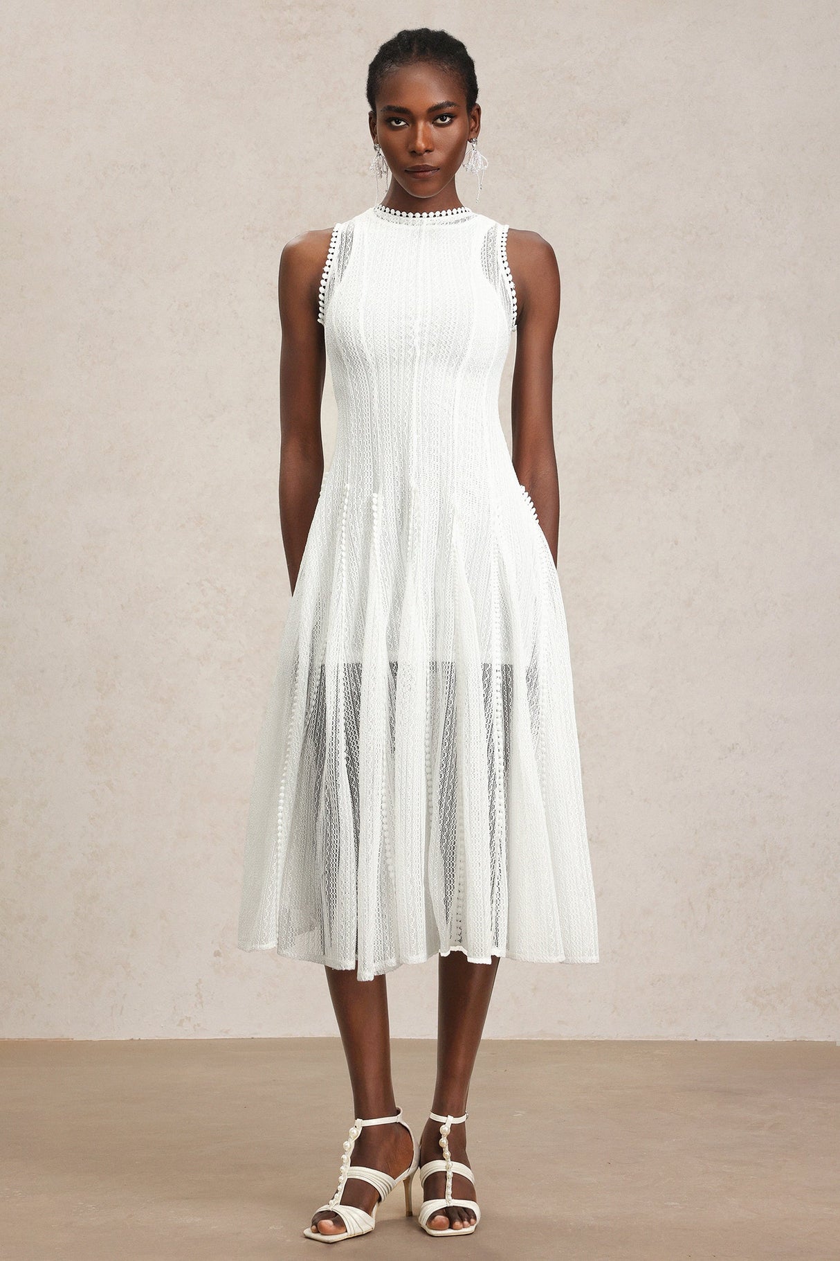 April White Lace Sleeveless Mid-Calf Dress for Women