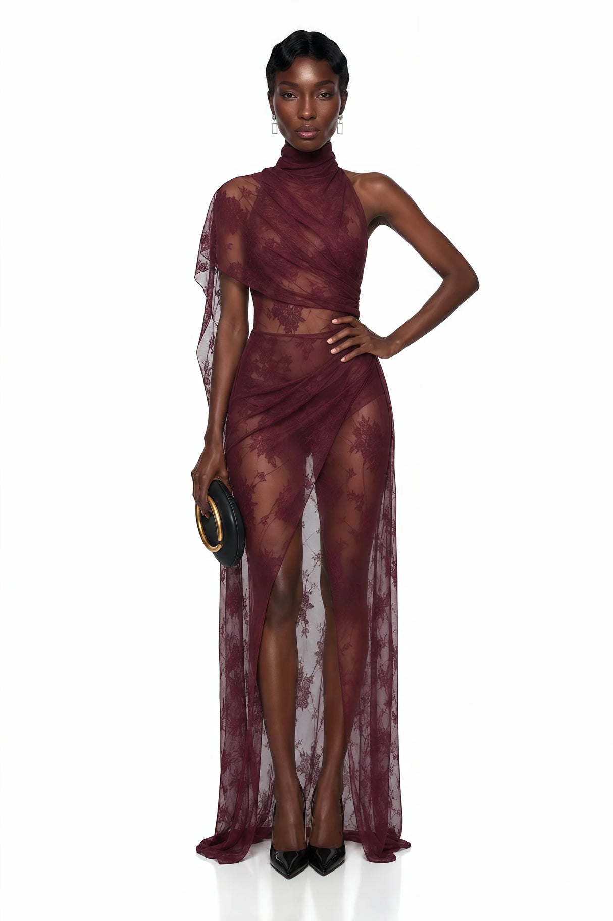 Arabella Burgundy High Neck Lace Maxi Dress