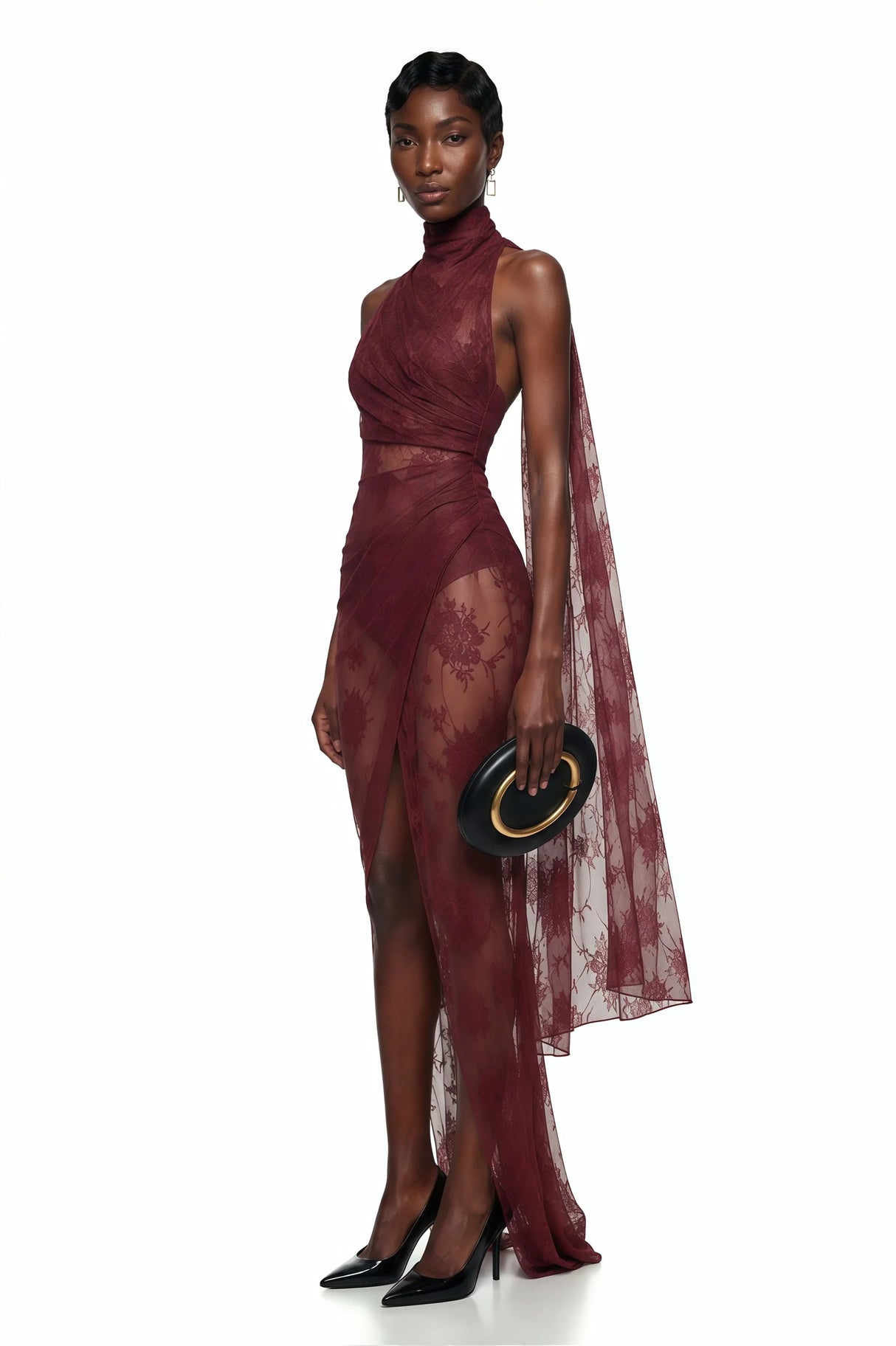 Arabella Burgundy High Neck Lace Maxi Dress