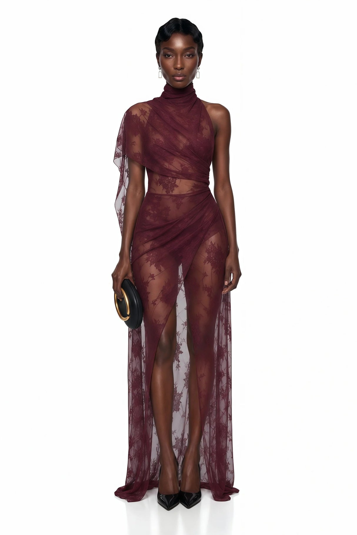 Arabella Burgundy High Neck Lace Maxi Dress