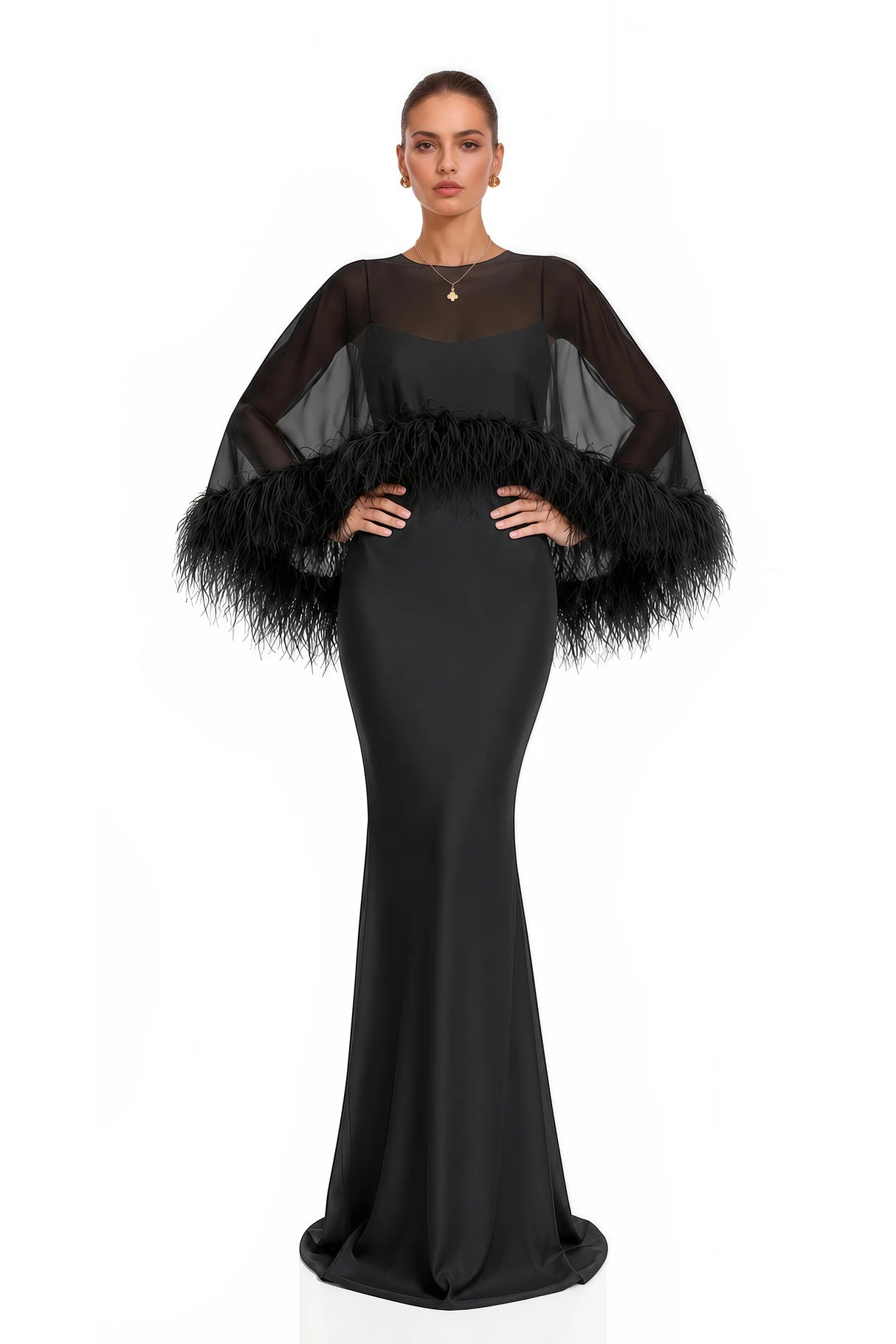 Araminta Black Maxi Dress Shawl Set with Feather Trim