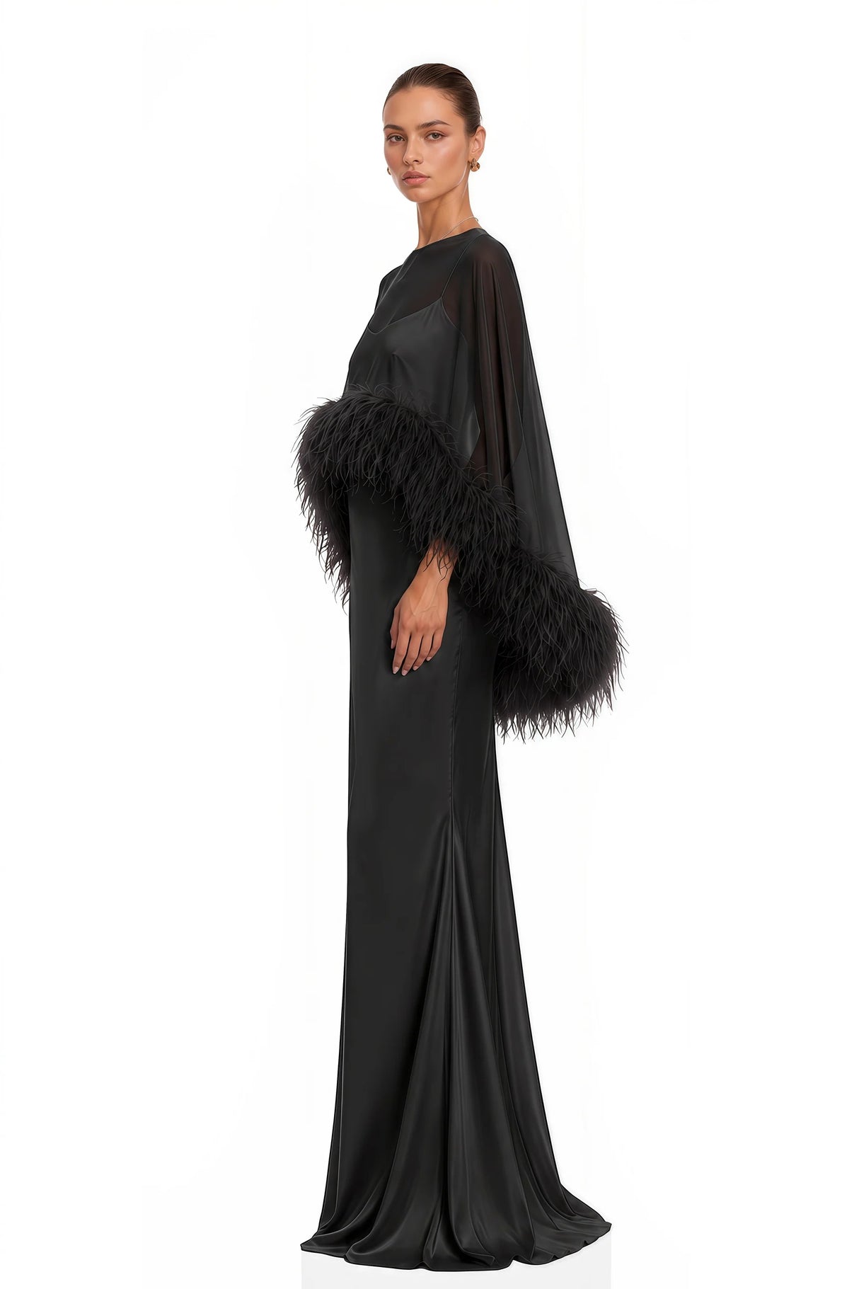 Araminta Black Maxi Dress Shawl Set with Feather Trim