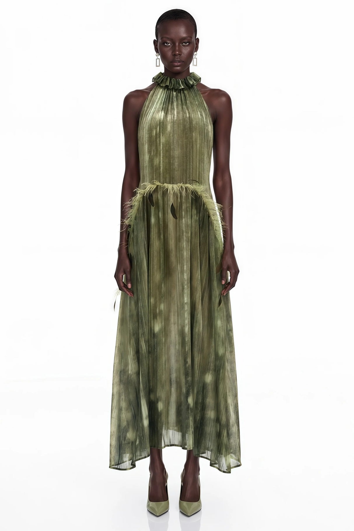 Areta Green Pleated Maxi Dress with Feather Trim