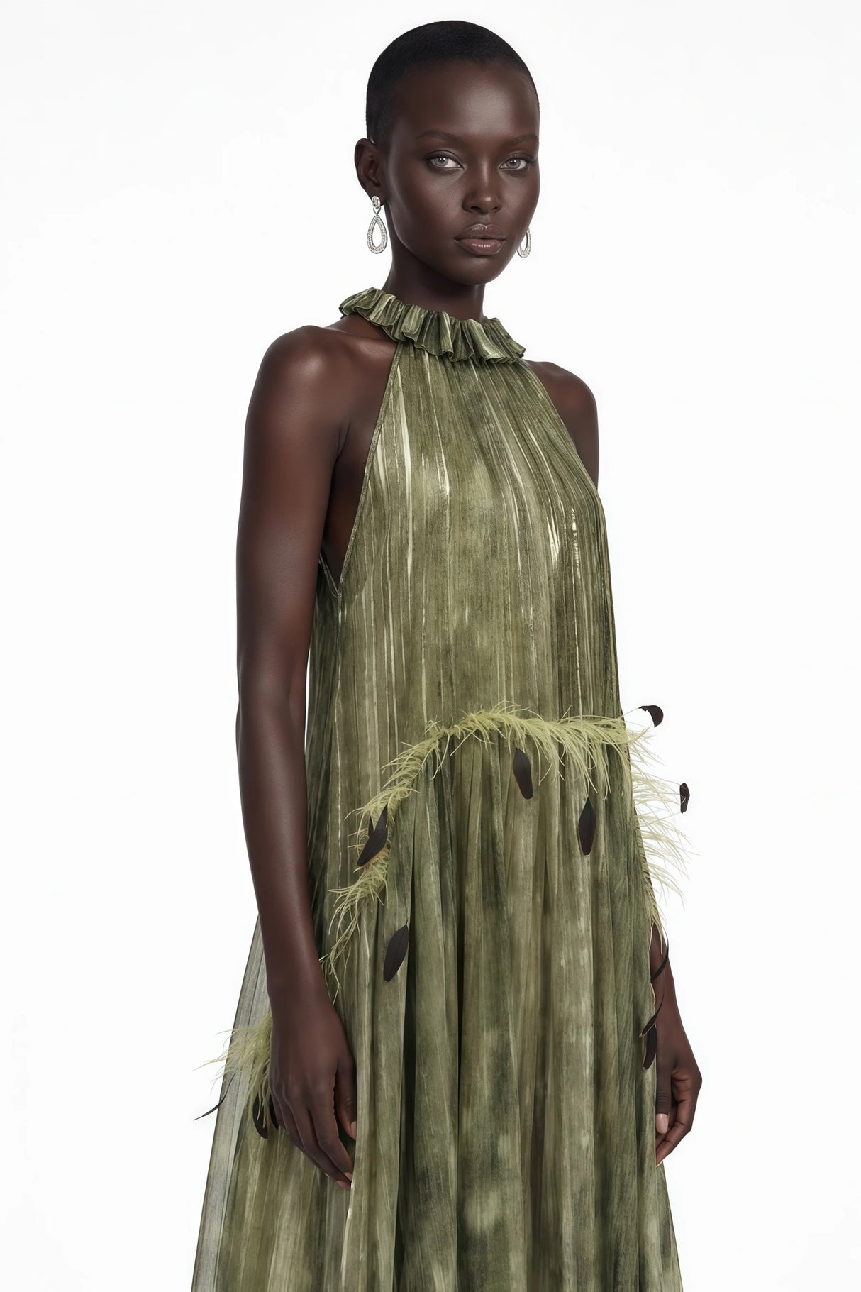 Areta Green Pleated Maxi Dress with Feather Trim