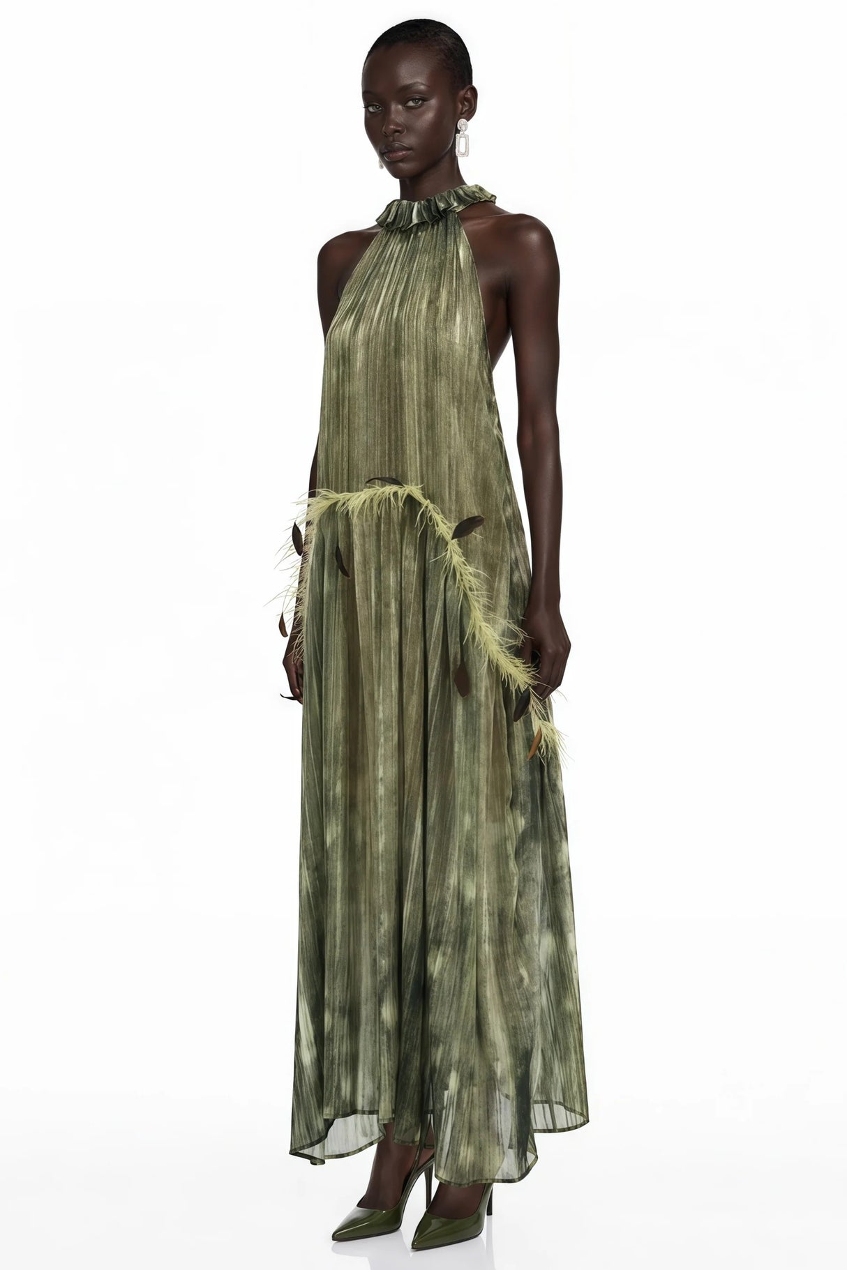 Areta Green Pleated Maxi Dress with Feather Trim